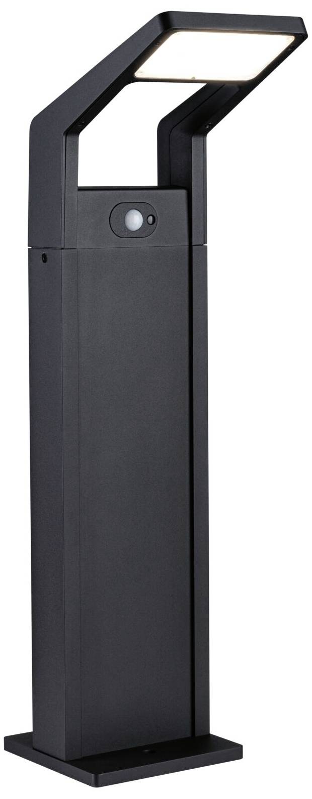 A black, modern outdoor light with a motion sensor, standing on a base. It has a rectangular, angled lampshade on top.