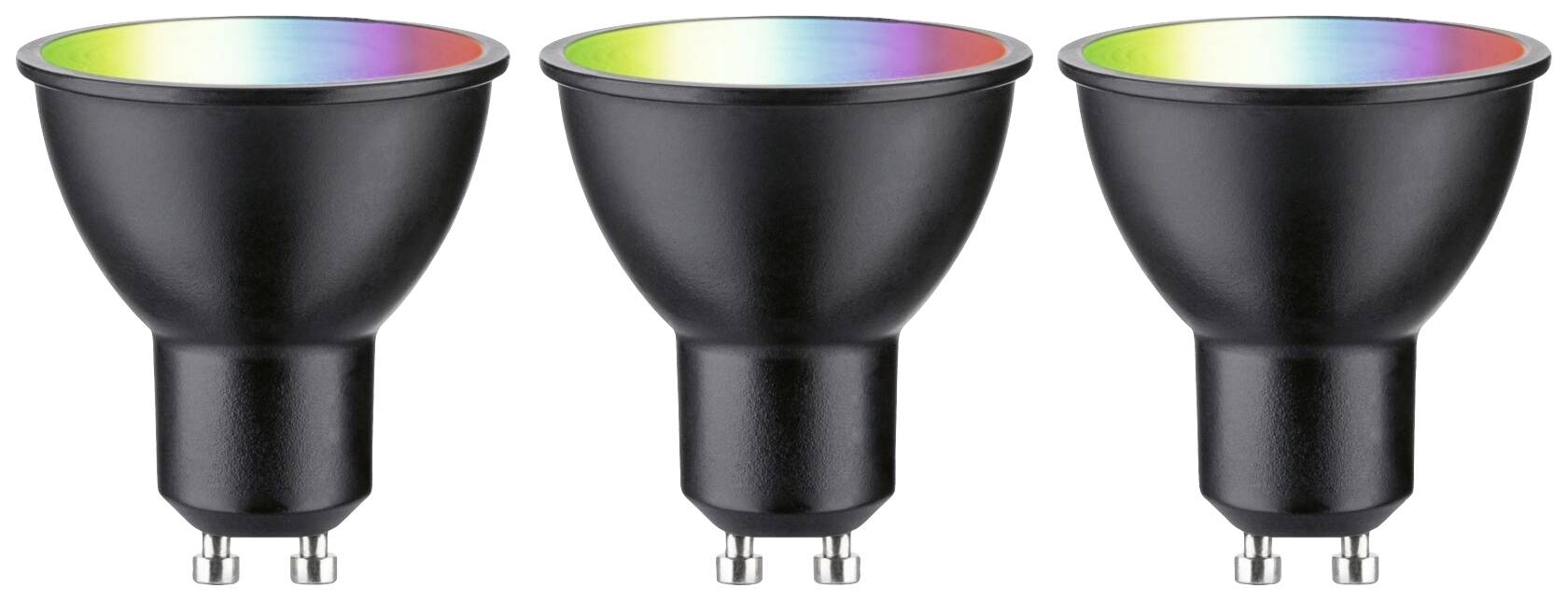 Three black GU10 LED lamps with rainbow light on a white background.