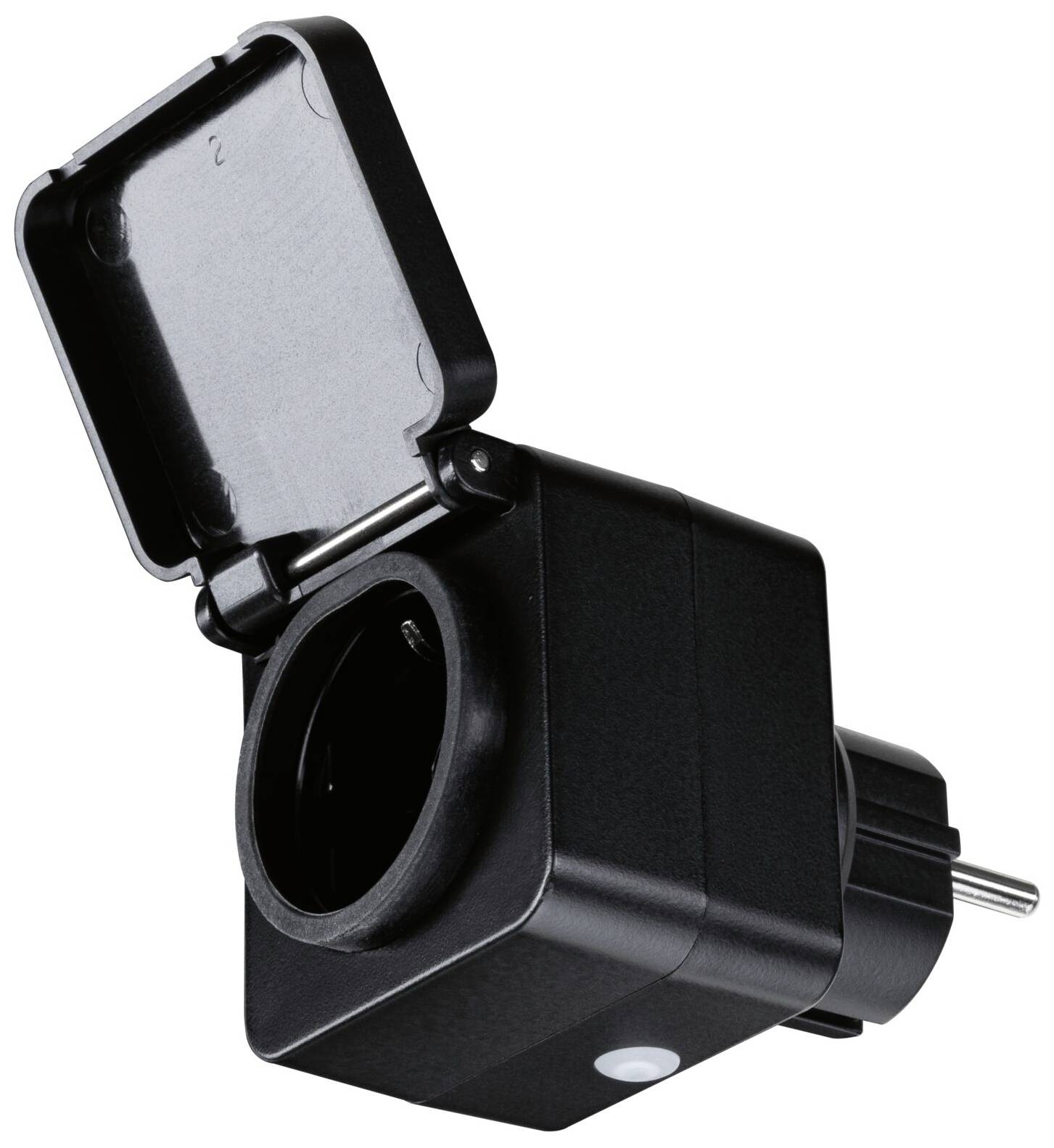 Black outdoor socket adapter with cover, suitable for European plugs, protects against weather influences.Black outdoor socket adaptor with lid, compatible with European plugs, provides protection from weather conditions.