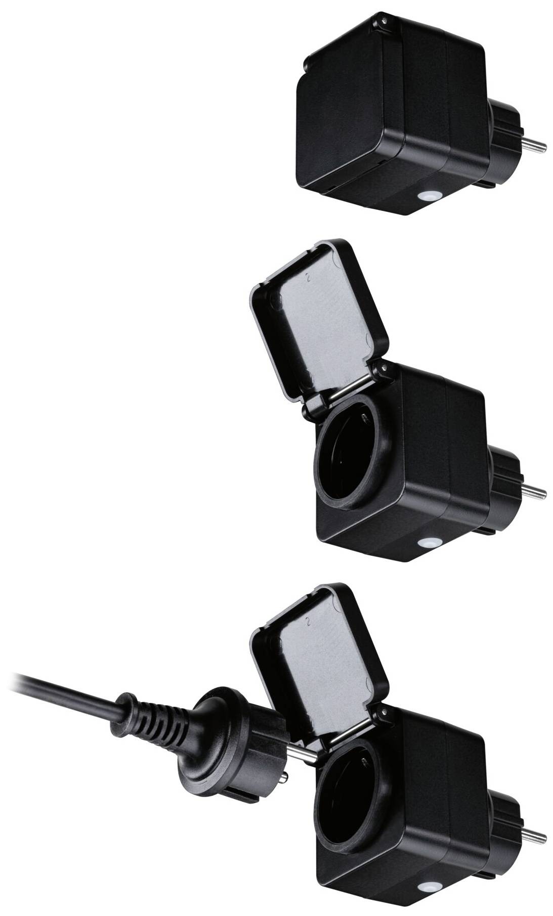 Three black earthed power sockets with covers, depicted in sequence. The middle and bottom sockets are open.