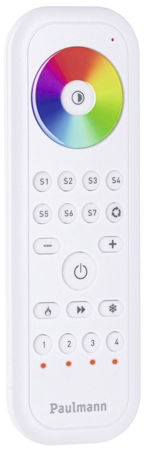 Remote control with colour wheel for controlling LED lights, buttons for brightness, on/off, colour change, and various light modes. Brand name below.