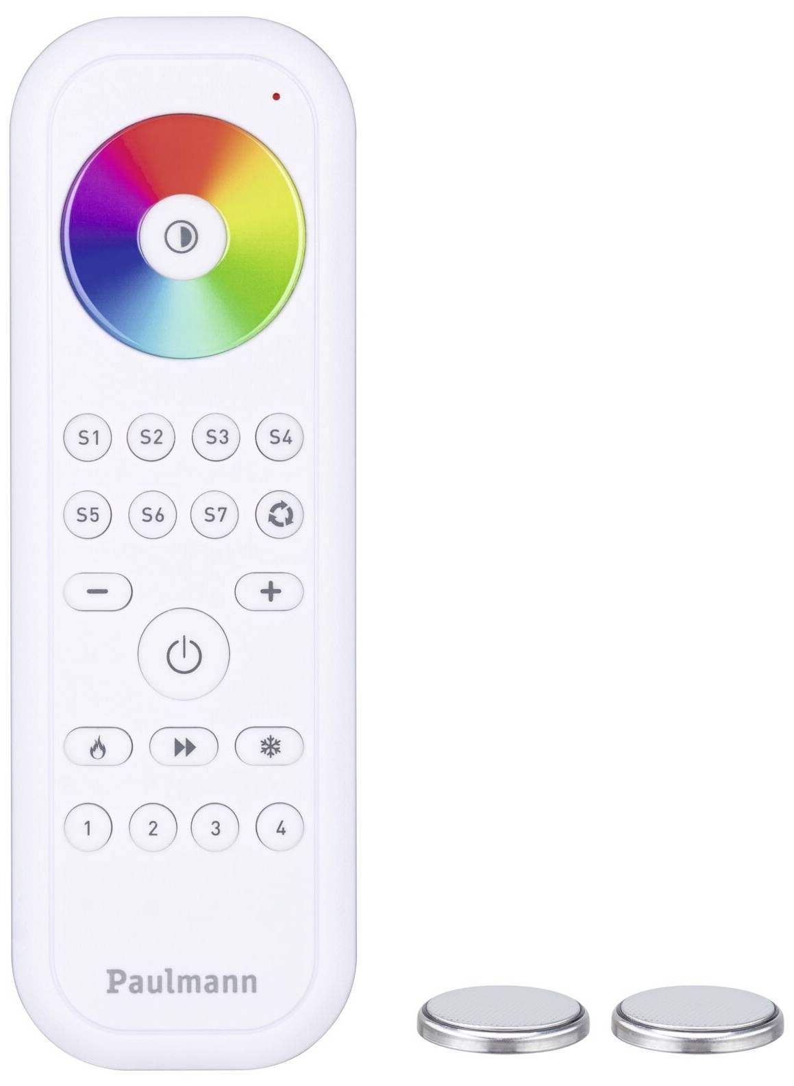 A white remote control with a colour selection wheel on top and several buttons beneath it. Two batteries are placed in front of it.