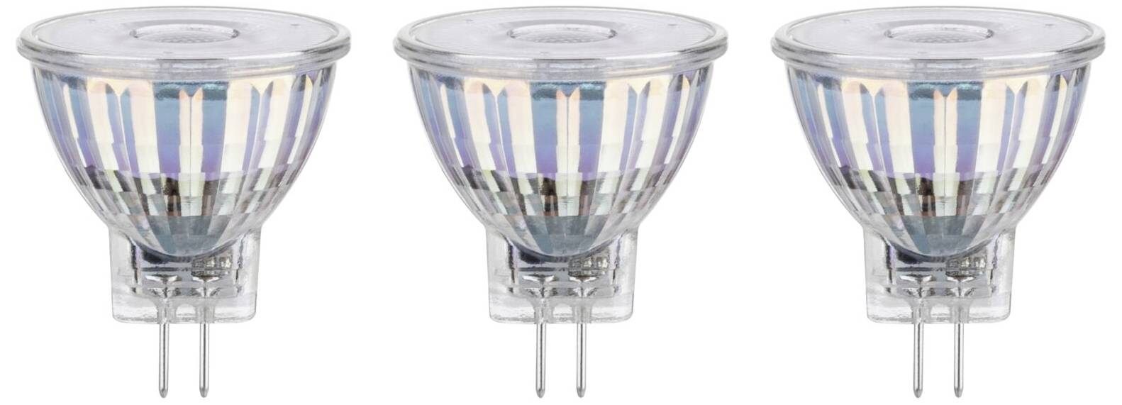 Three identical halogen lamps with two-pin plugs and glass housings stand side by side. They are transparent with coloured stripes.