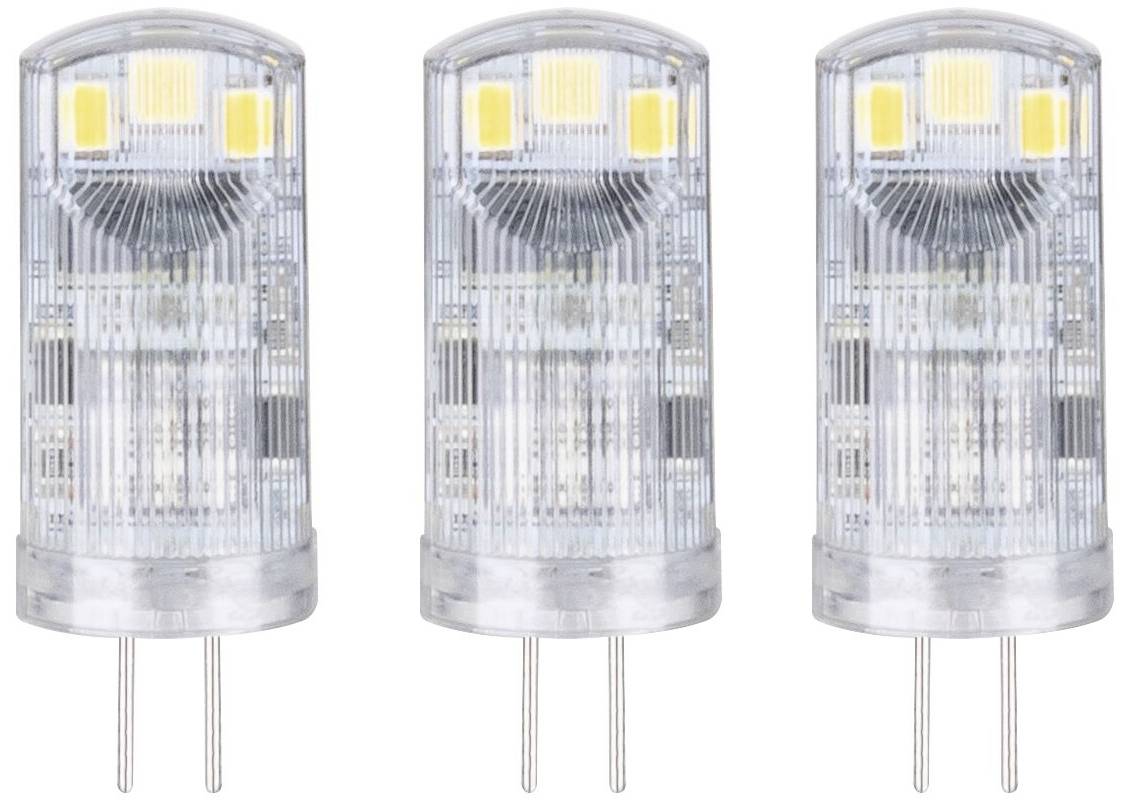 Three identical LED pin base lamps side by side on a white background. Each lamp has two metal pins for connection.