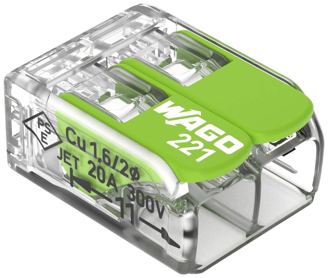 Transparent WAGO 221 connection terminal with green cover, suitable for copper wire, rated current 20A and voltage 300V.