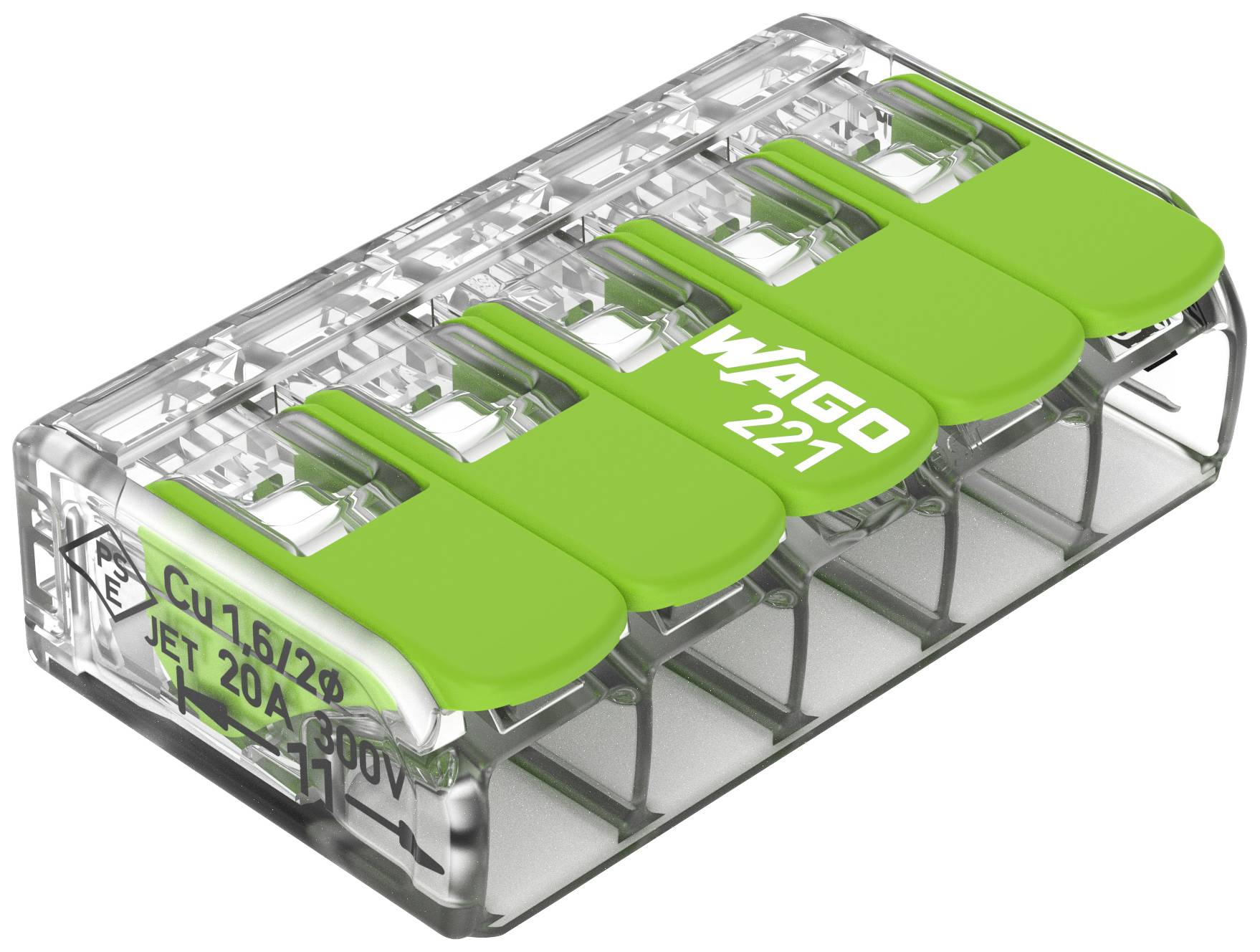 A transparent plastic terminal block with five green levers, labelled 'WAGO 221'.