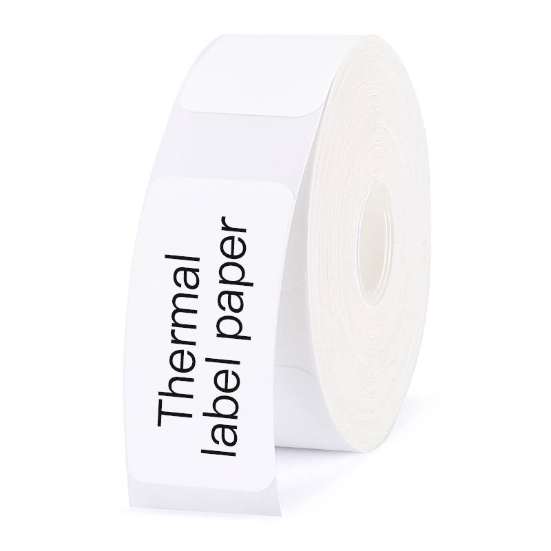 A roll of white thermal label paper, printed with the text 'Thermal label paper'.