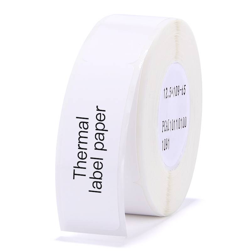 A roll of white thermal paper with black text 'Thermal label paper' on it. Suitable for label printers.
