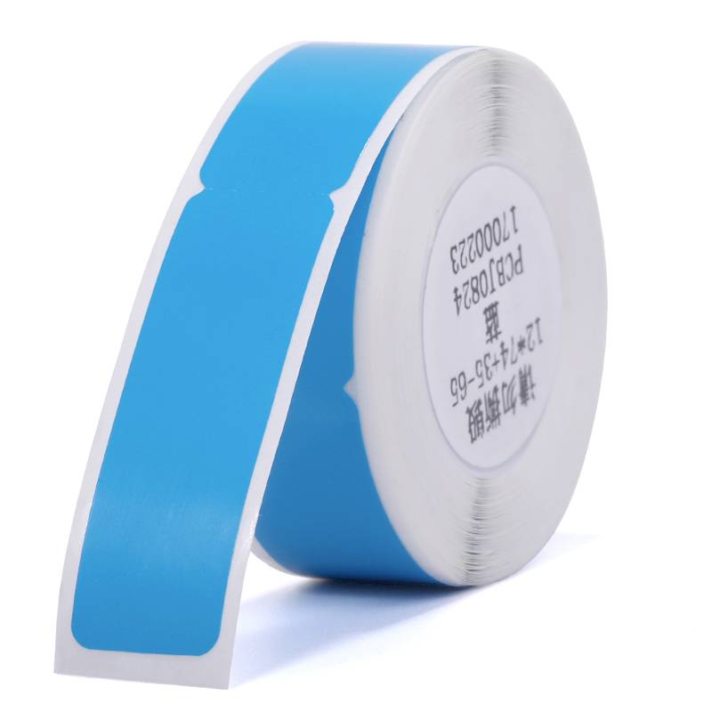 A roll of blue, rectangular stickers on a white background. The stickers have a white outline and are arranged side by side.
