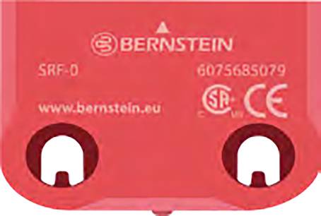 Red safety component with the print 'BERNSTEIN', model number 'SRF-0', website 'www.bernstein.eu', certifications 'CSA' and 'CE'.