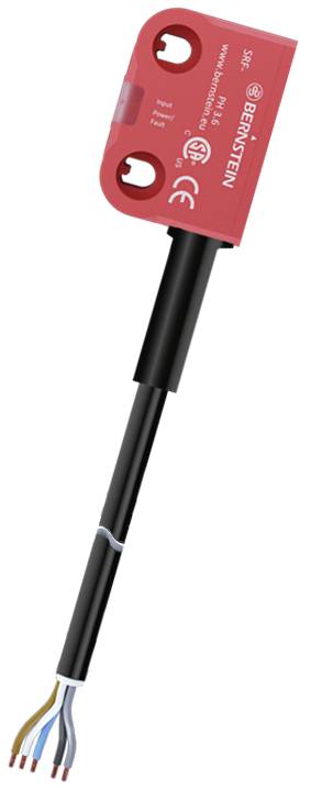 Red safety switch of type 2SR by Bernstein, with mounted cables, used for industrial applications.