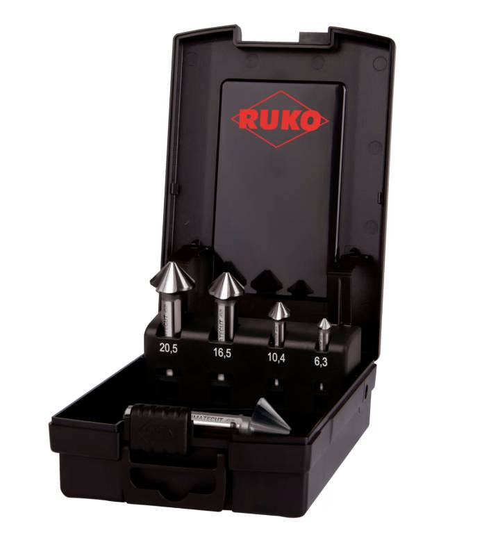 A black box with four silver countersink tools, numbered 20.5, 16.5, 10.4 and 6.3. Brand name 'RUKO' visible inside.
