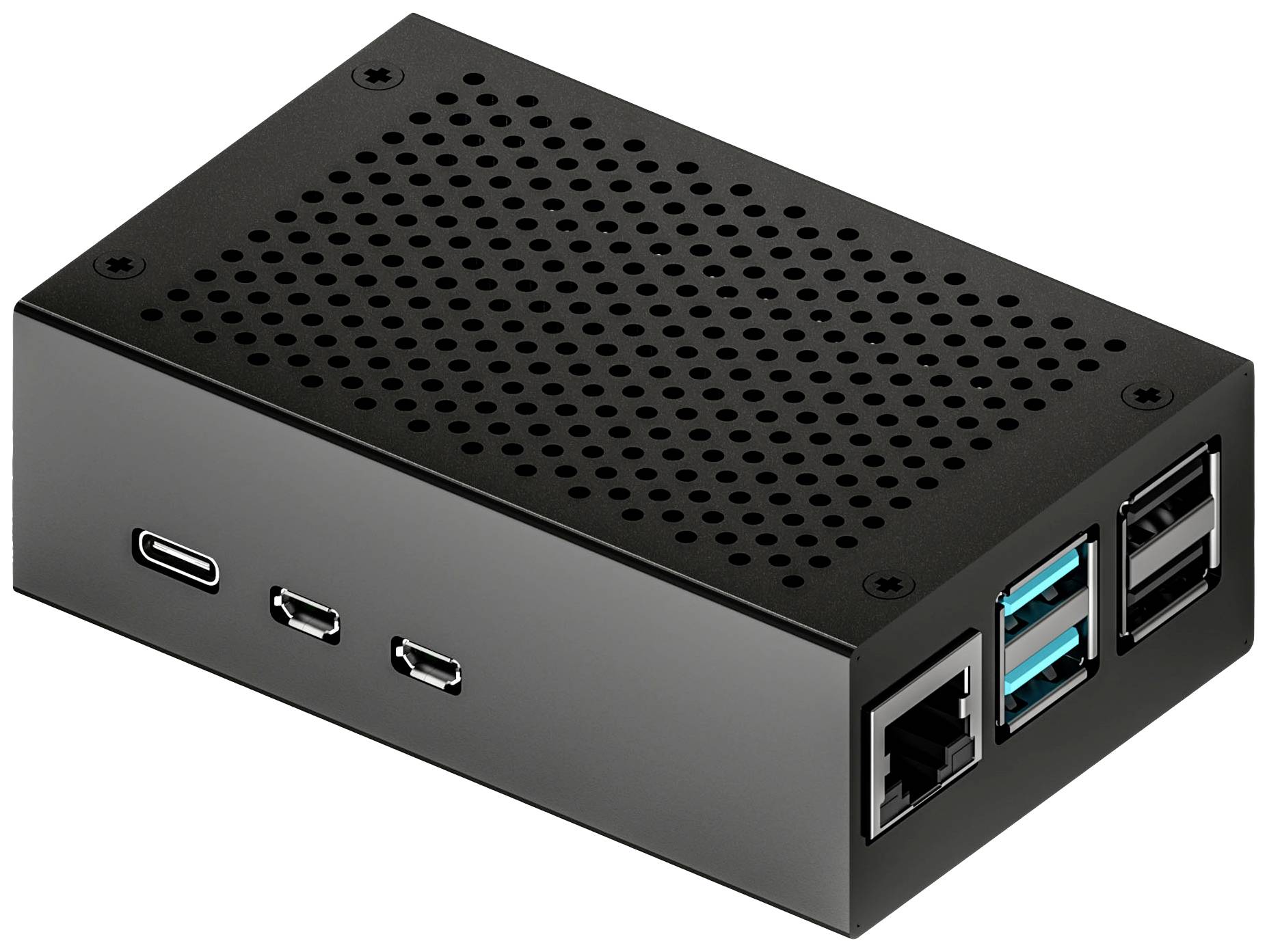 Black, perforated computer case with multiple USB ports and Ethernet port. Compact, rectangular and for technical applications.
