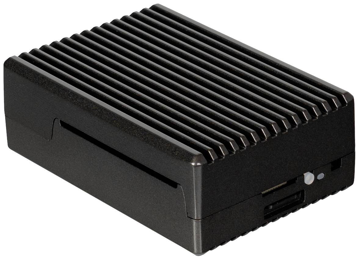 Black, rectangular enclosure with ribbed surface, potentially for electronic small devices such as a mini-computer.