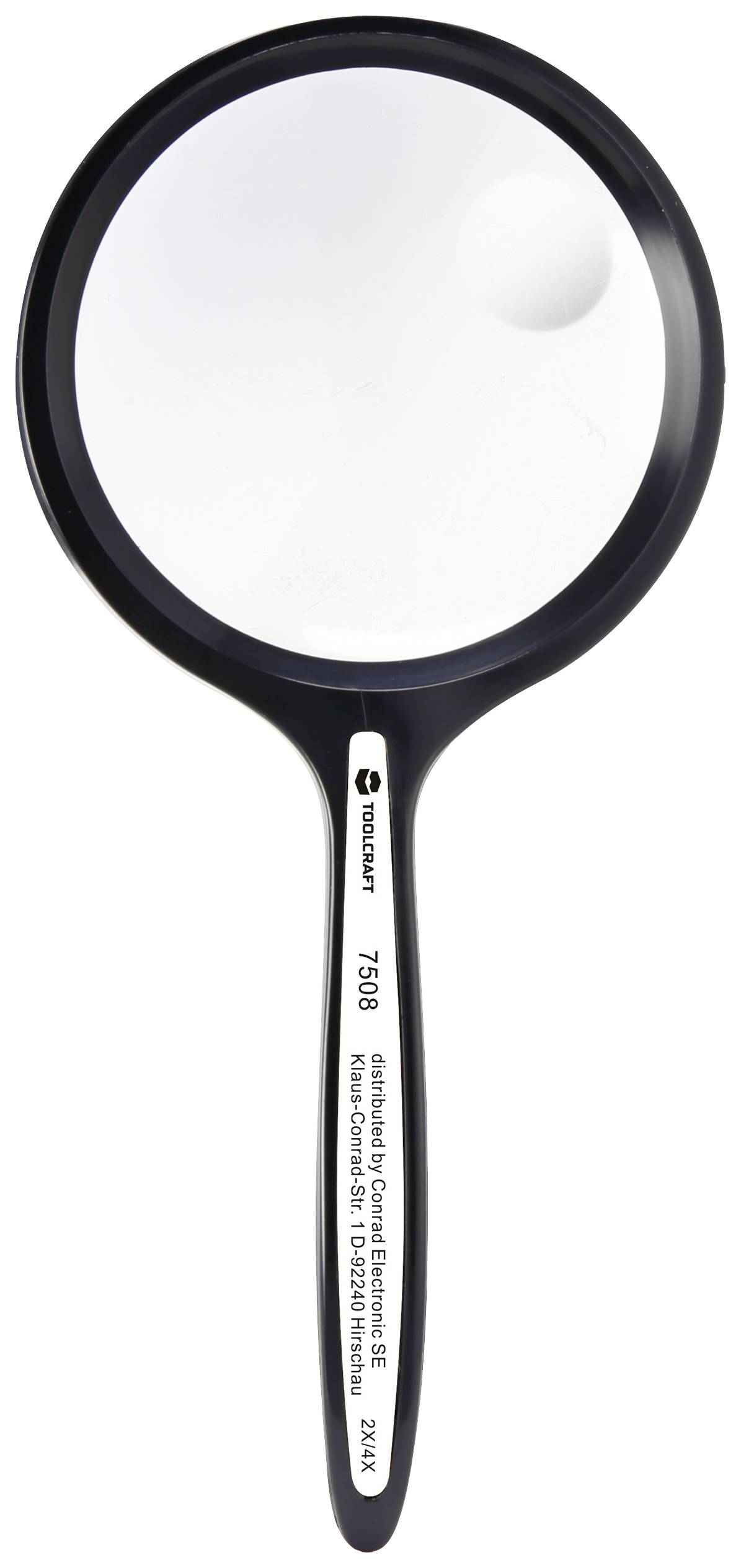 Black magnifying glass with a round lens, with information printed on the handle.