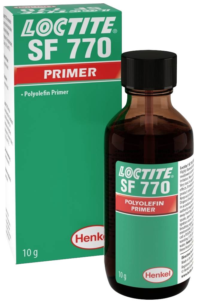 Bottle and packaging of 'LOCTITE SF 770', a polyolefin primer. Primarily used in plastics processing.