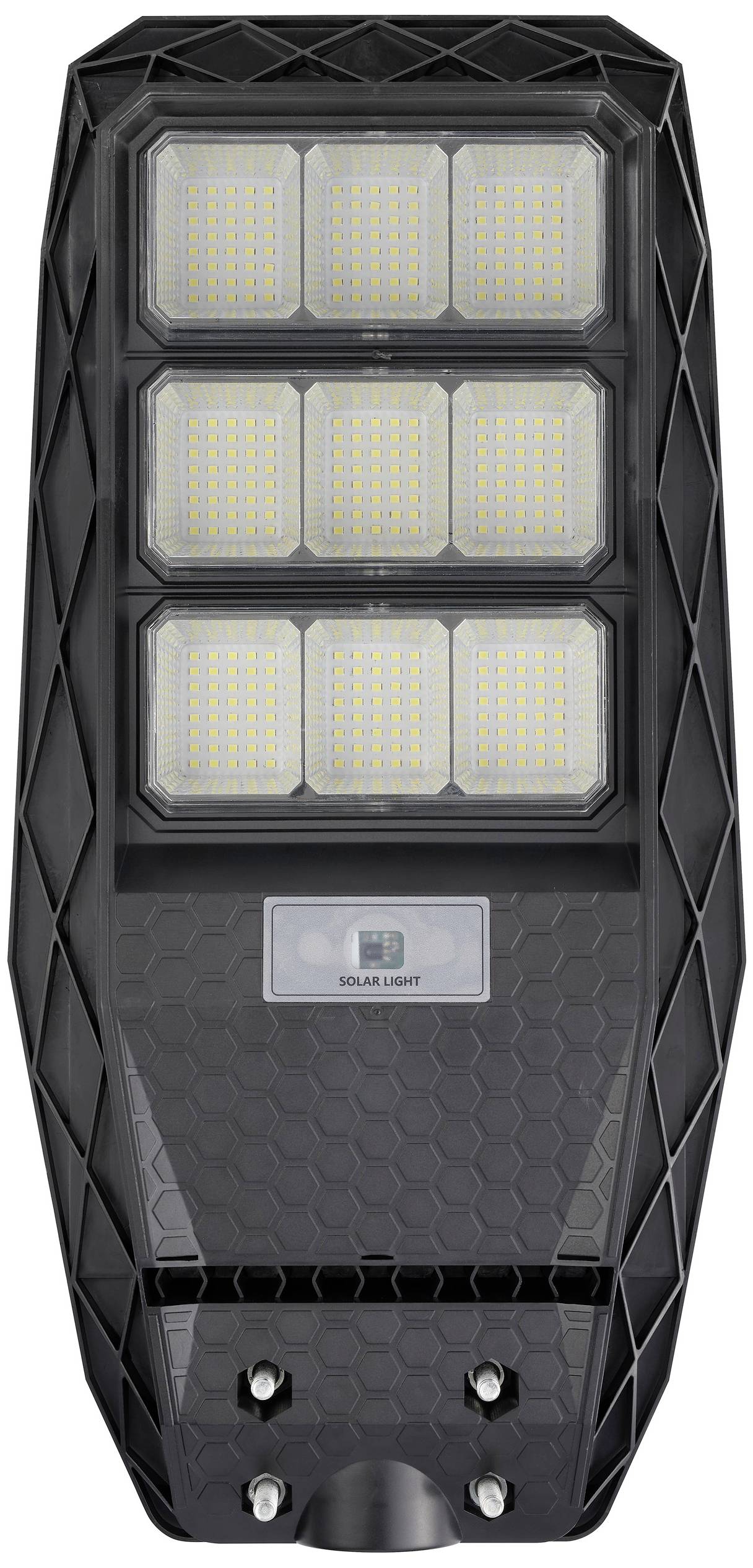 Black LED street lamp with six rectangular light panels and a small solar panel underneath; suitable for outdoor lighting.
