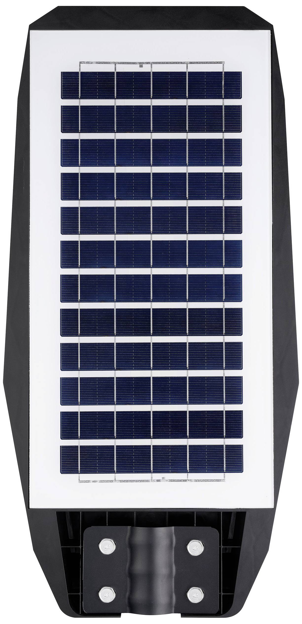 Solar panel with a rectangular design and dark blue solar cells on a white background.
