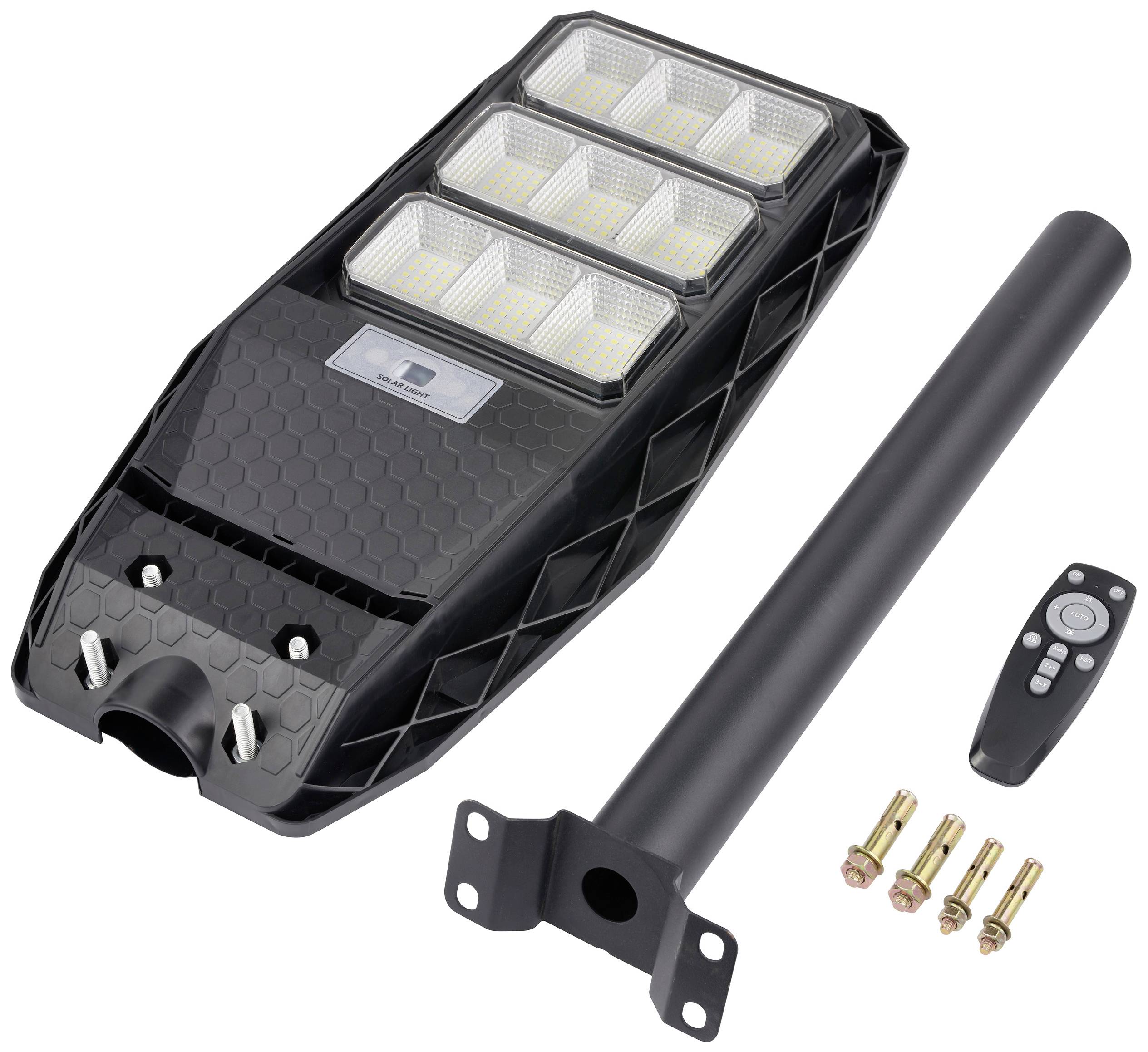 Street lamp with a hexagonal LED panel, a removable pole, four screws, and a remote control for operation.