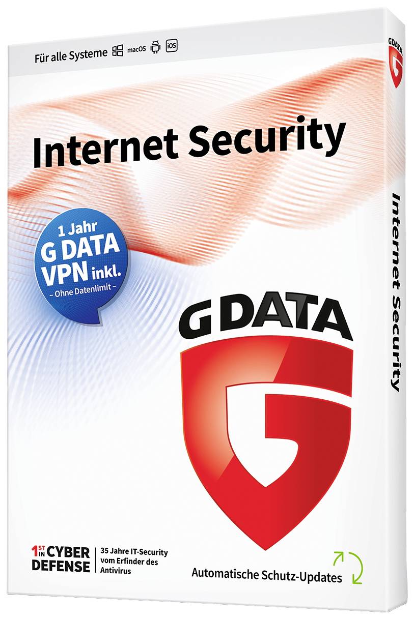 Packaging for 'G DATA Internet Security' software, offering 1 year of VPN included. Brand logos and security information are visible.