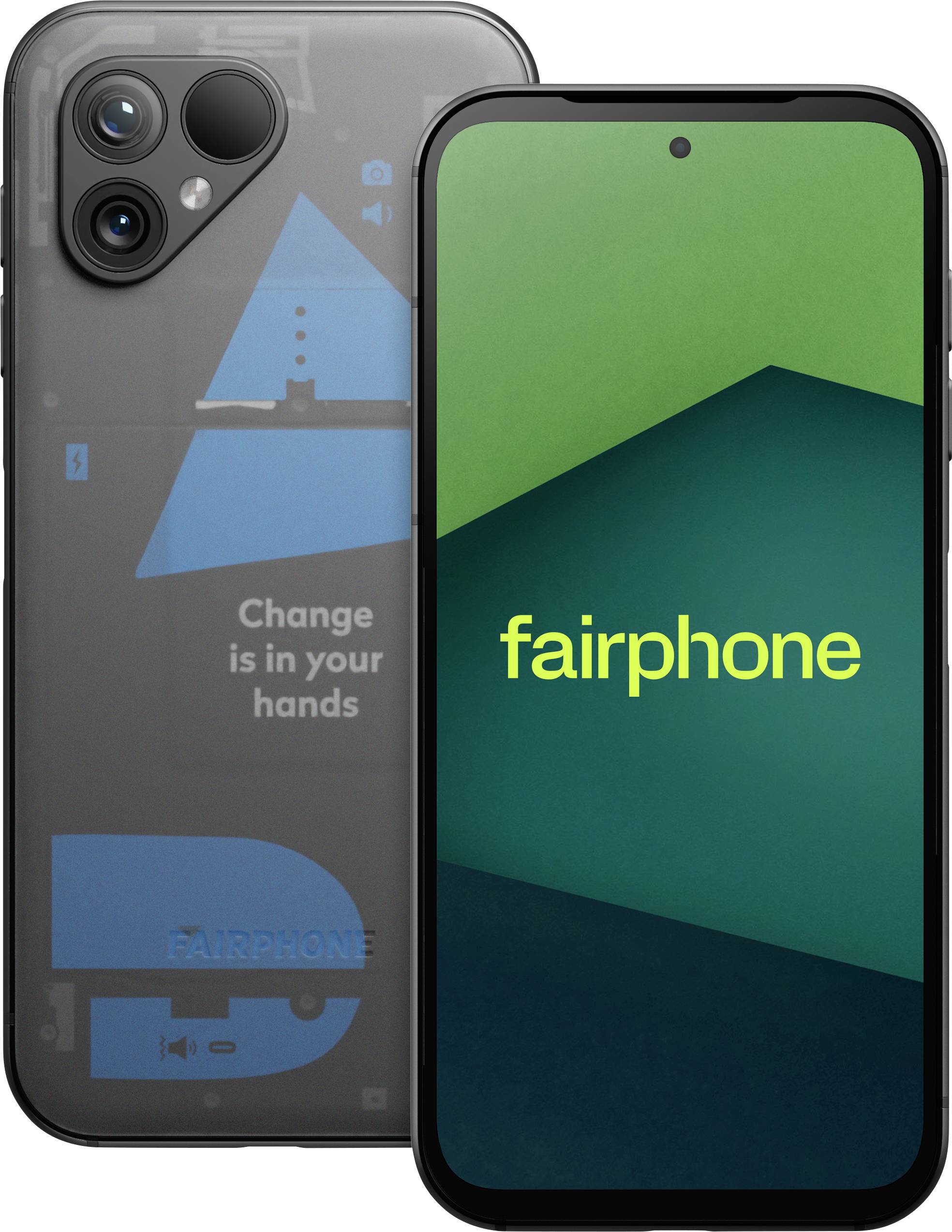 A smartphone with 'Fairphone' on the screen. Next to it, another view shows a blue design with the text 'Change is in your hands.'
