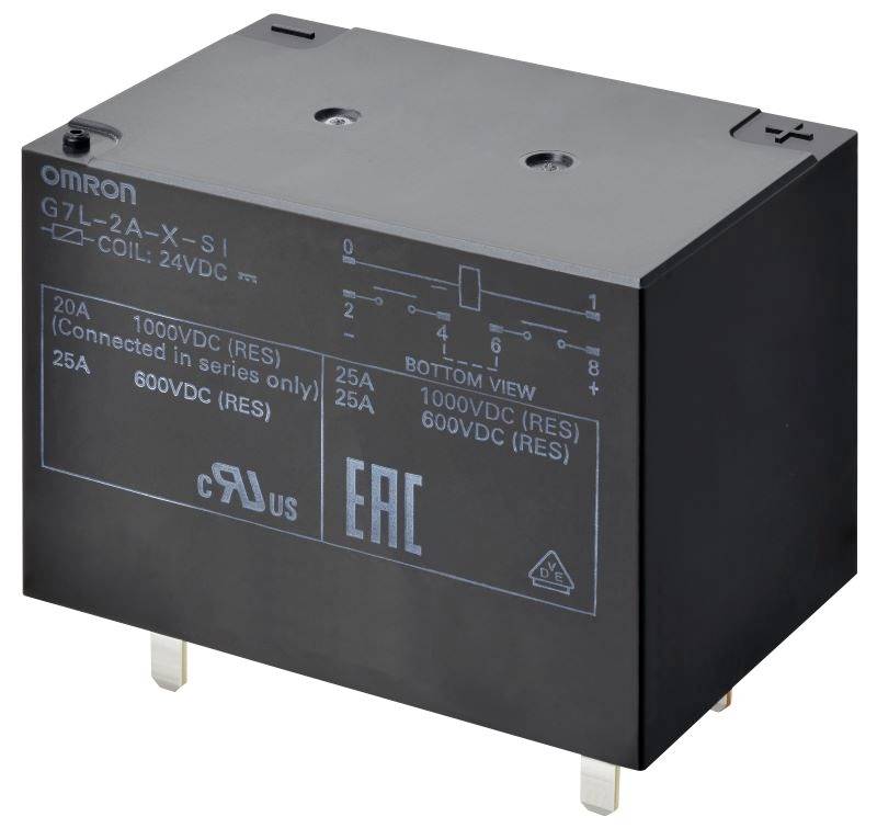Omron brand relay with model number G7L-2A-X-SI. It shows specifications: 25A, 600VDC, base view and connections.
