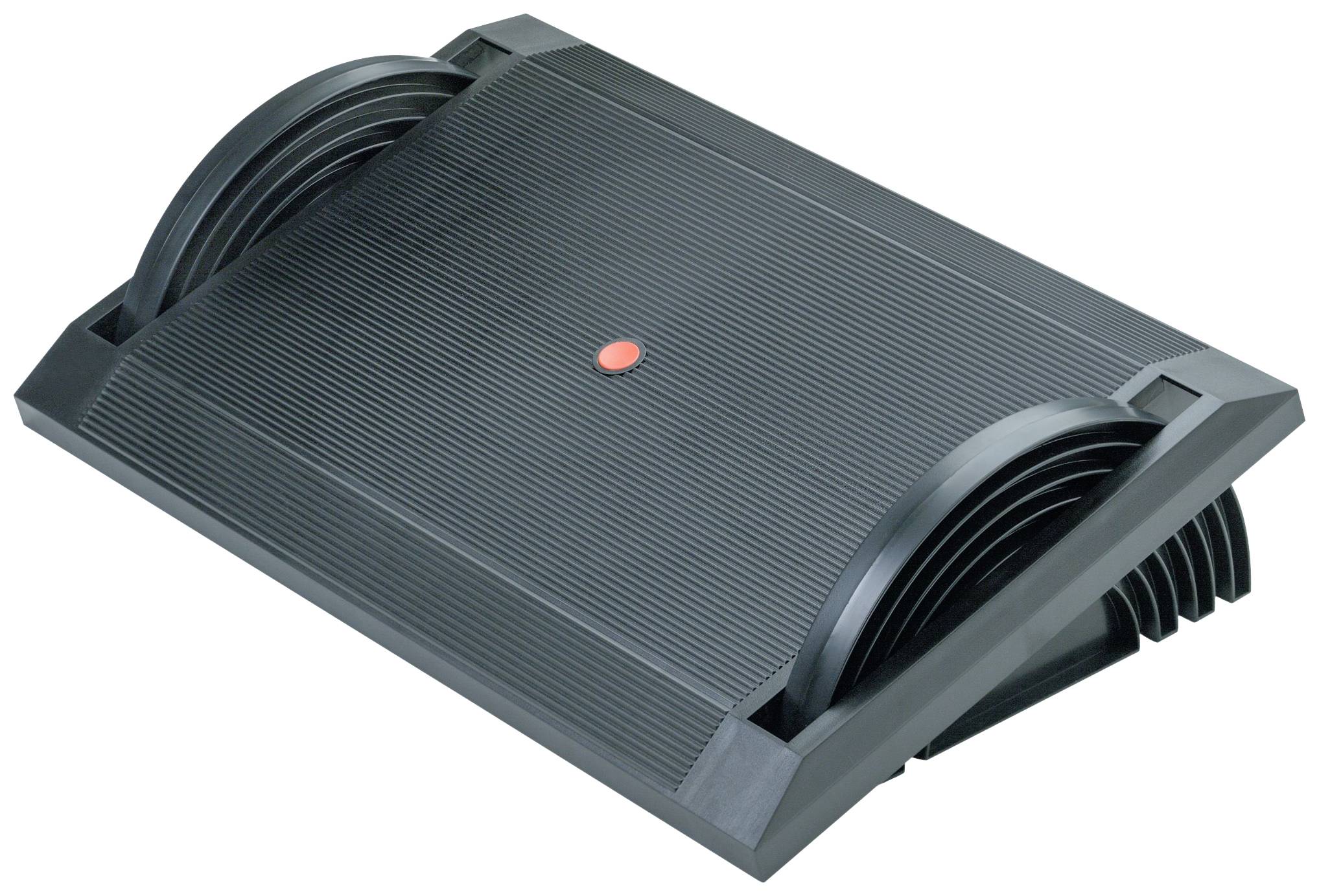 A black, ergonomic footrest with a textured surface and side rollers for angle adjustment.