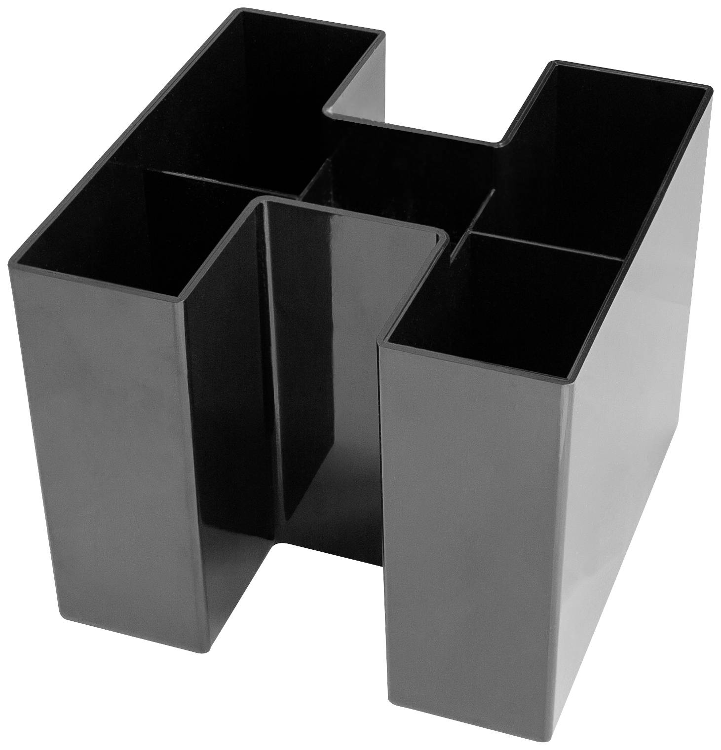 Black, L-shaped magazine holder made of plastic with multiple compartments; suitable for storing paper documents.
