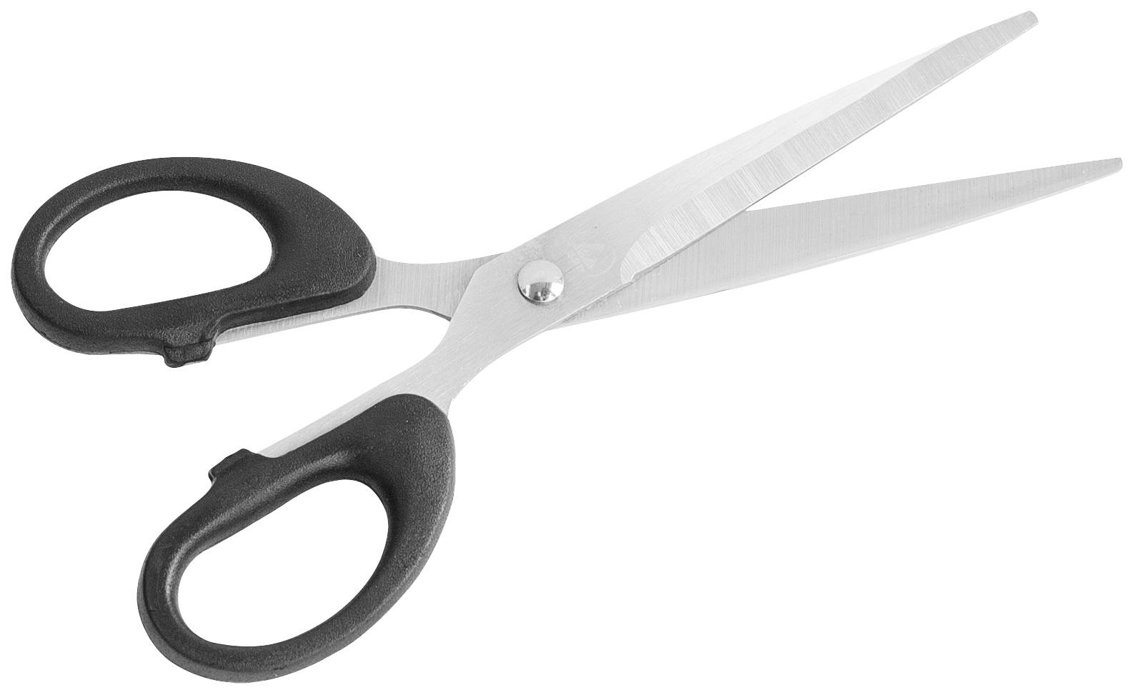 A black and silver pair of scissors with plastic handles, open and lying on a white background.