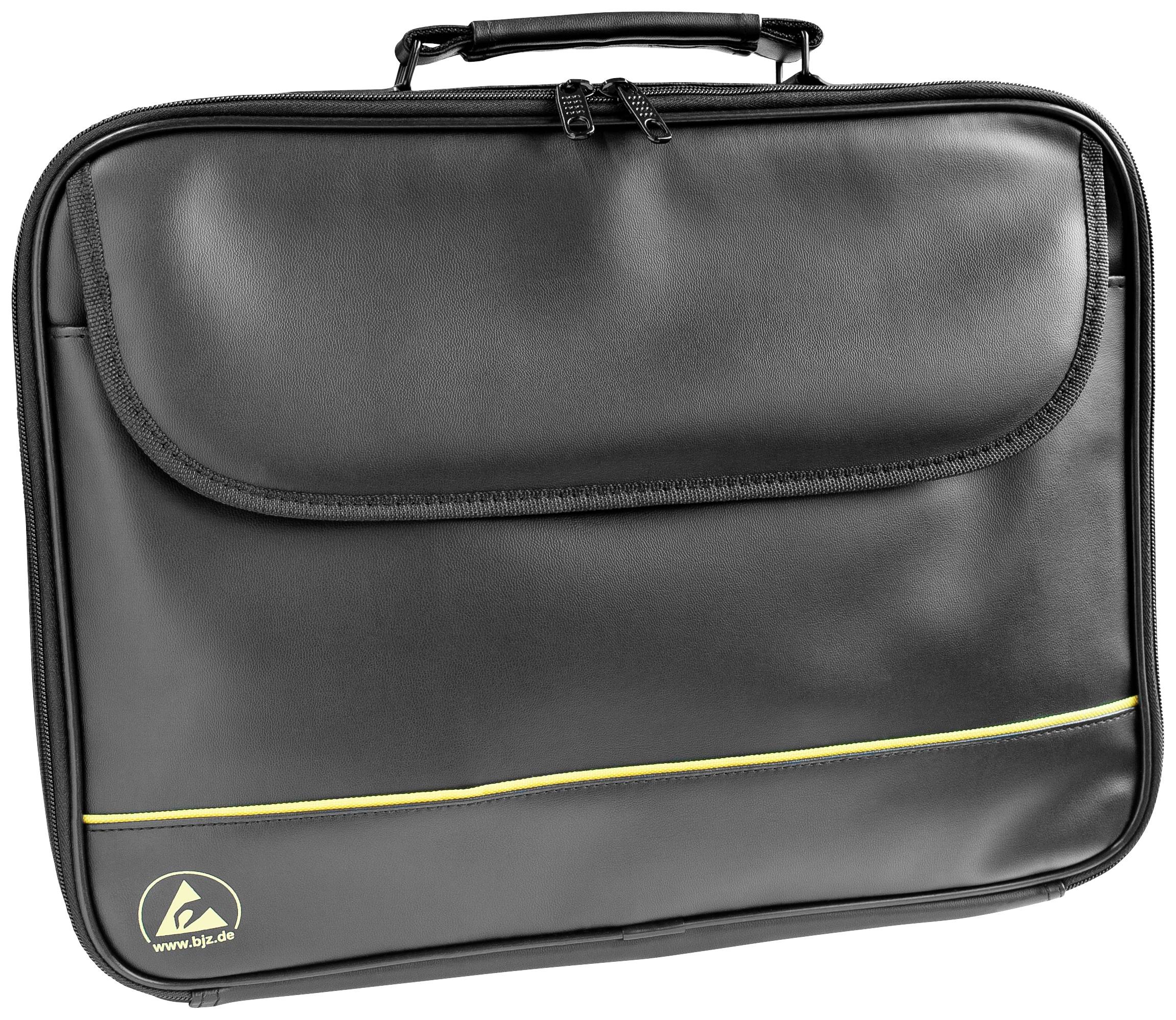 A black laptop bag with a yellow line and logo in the bottom left. It has a carry handle at the top.