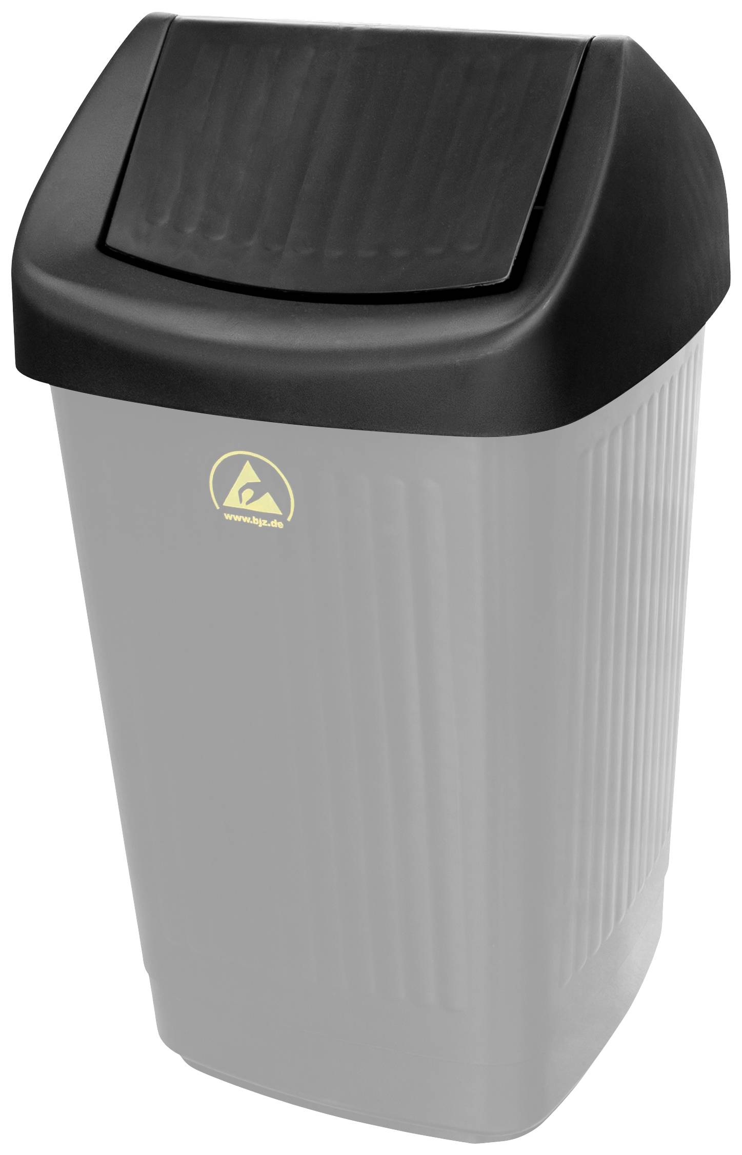 A grey rubbish bin with a black lid and yellow logo on the front.