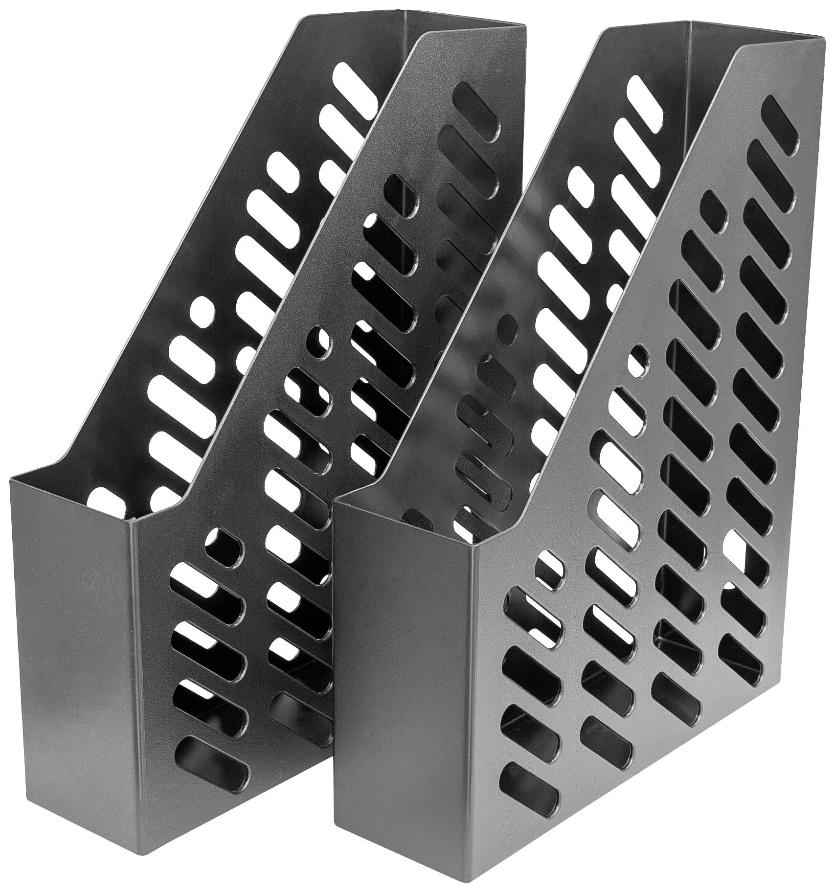Two black metal magazine holders with rectangular and oval cut-outs, standing side by side. Ideal for storage.