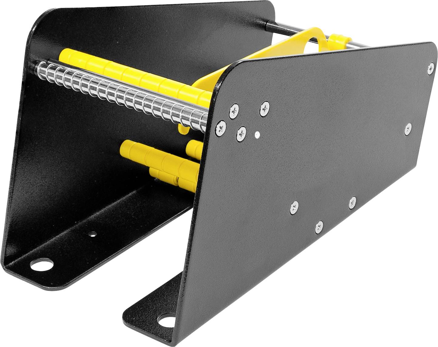 Metallic mounting bracket with yellow plastic components, potentially for cable management or tool storage, against a white background.