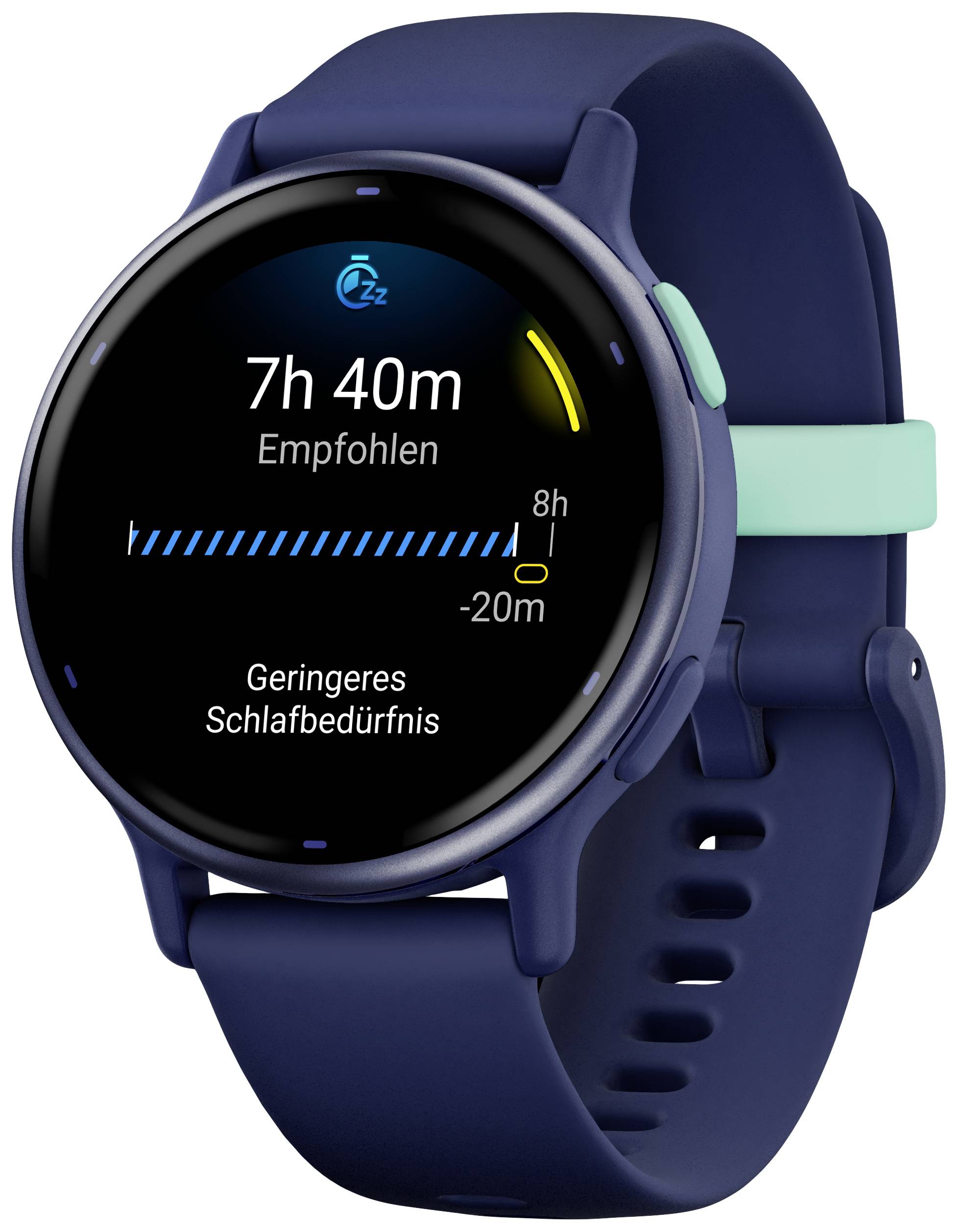 Smartwatch with circular display shows sleep statistics: Recommended sleep duration 7h 40m. Actual sleep duration 8h.