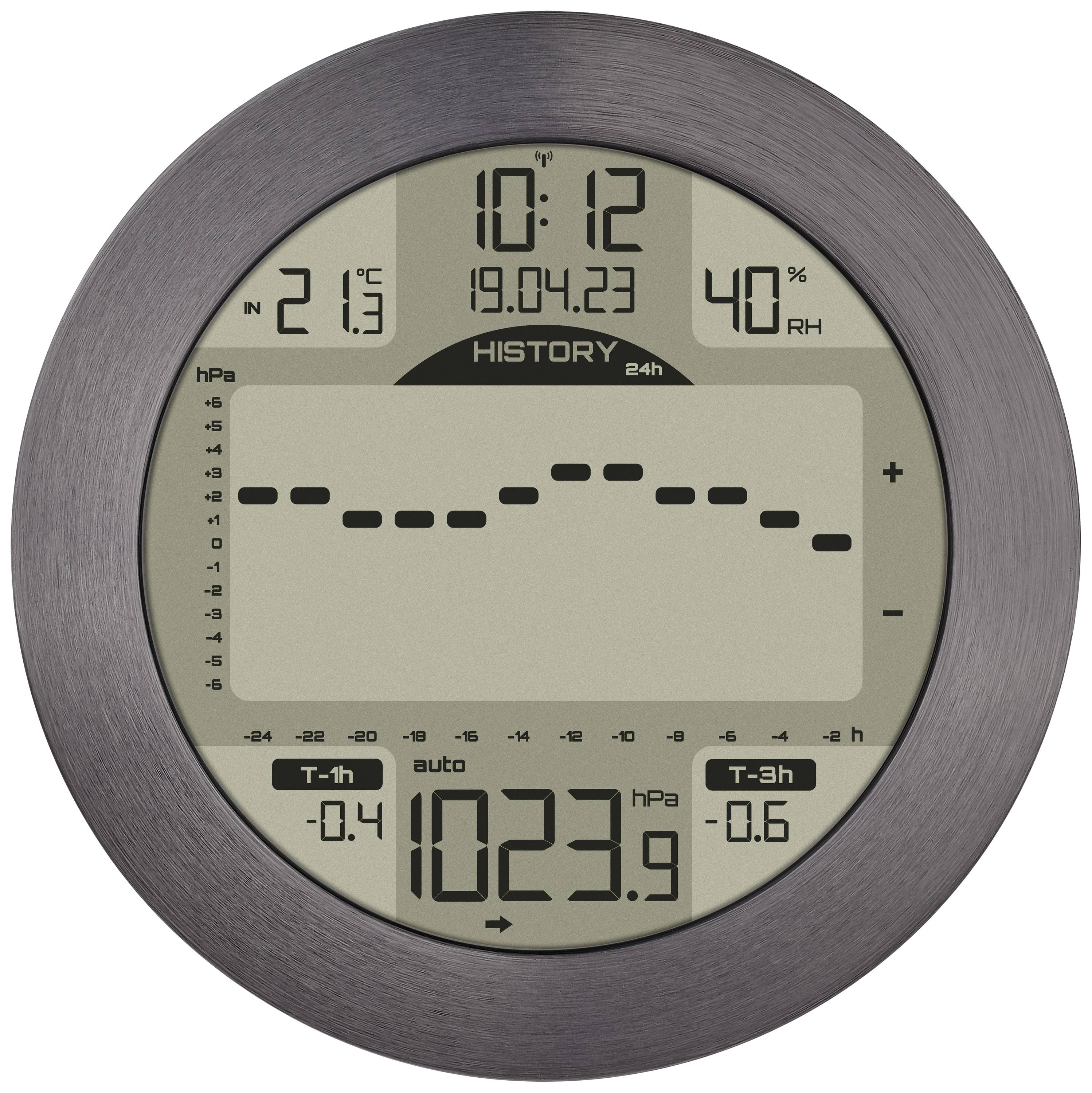 Round digital barometer displays temperature at 21.3°C, humidity at 40% and air pressure at 1023.9 hPa with 24-hour trend.