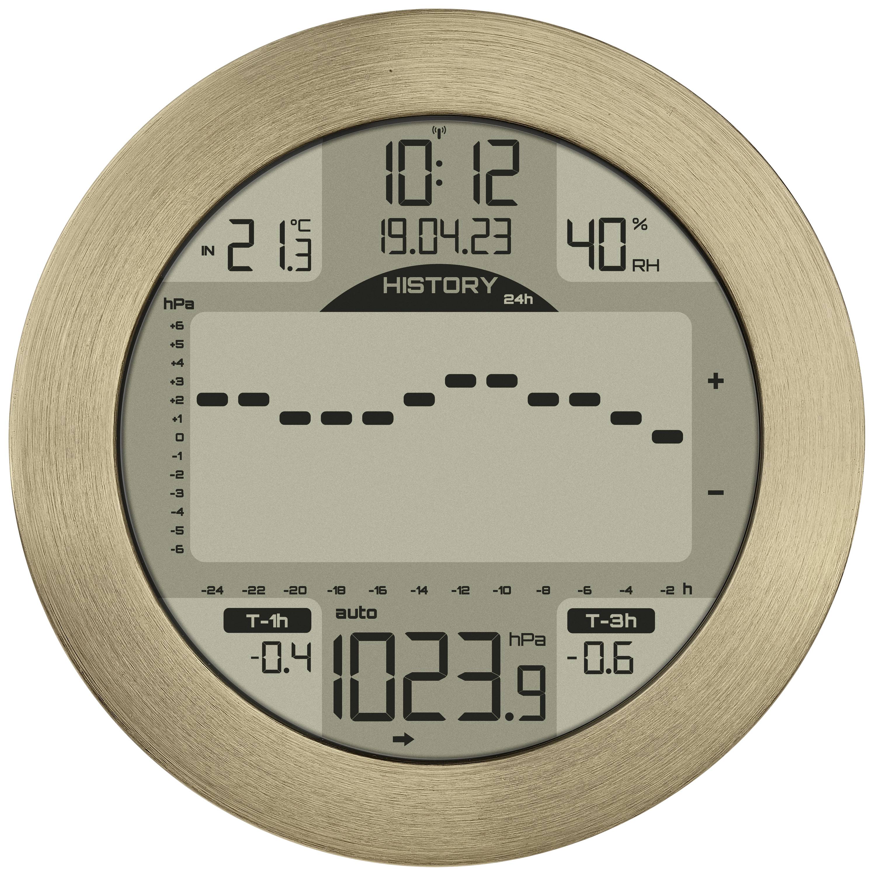 Digital barometer with historical air pressure graph, showing current pressure of 1023.9 hPa, temperature 21.3°C, humidity 40%.