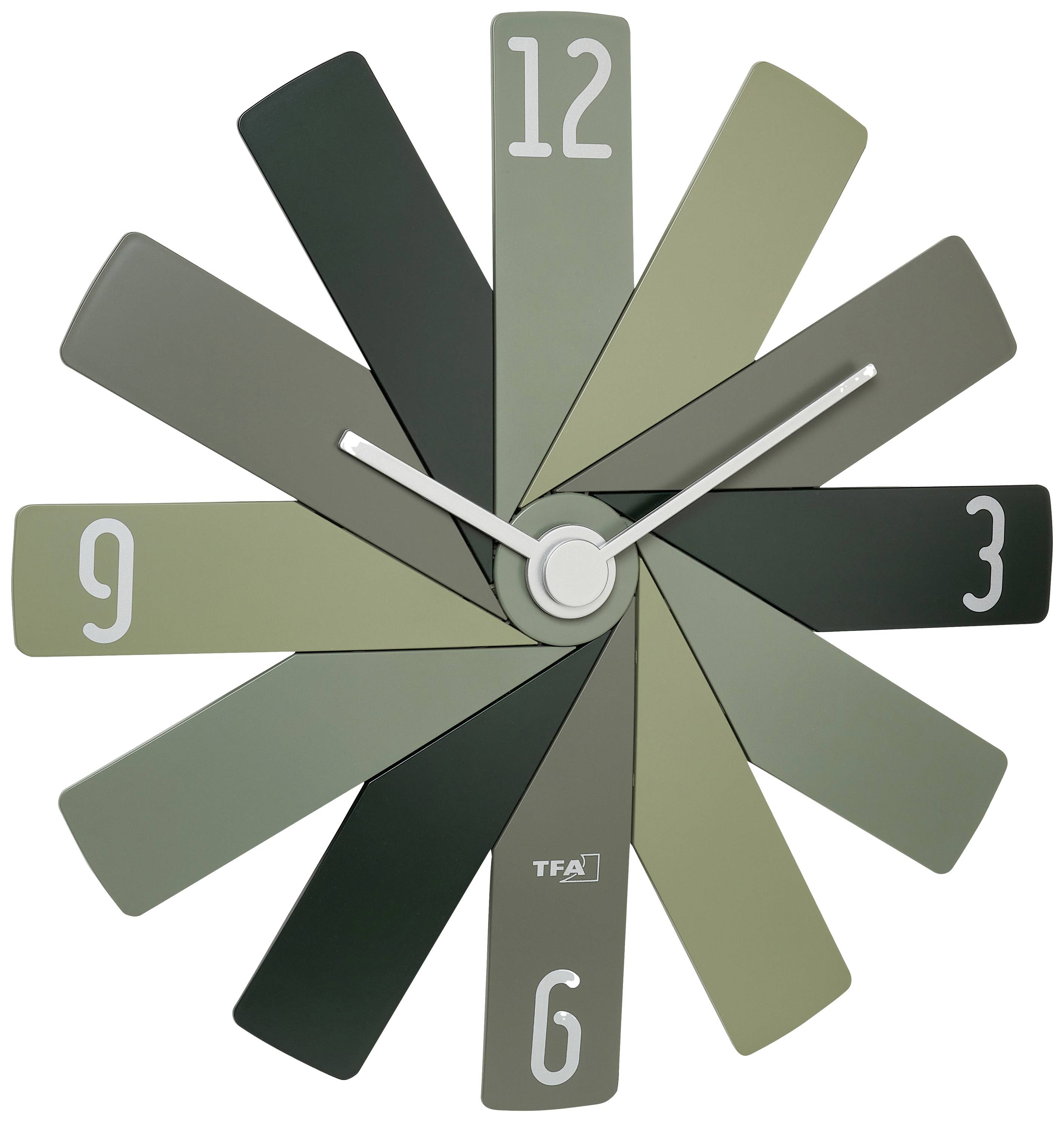 A modern wall clock with twelve differently coloured, overlapping rectangular stripes instead of numerals; showing 10:10.