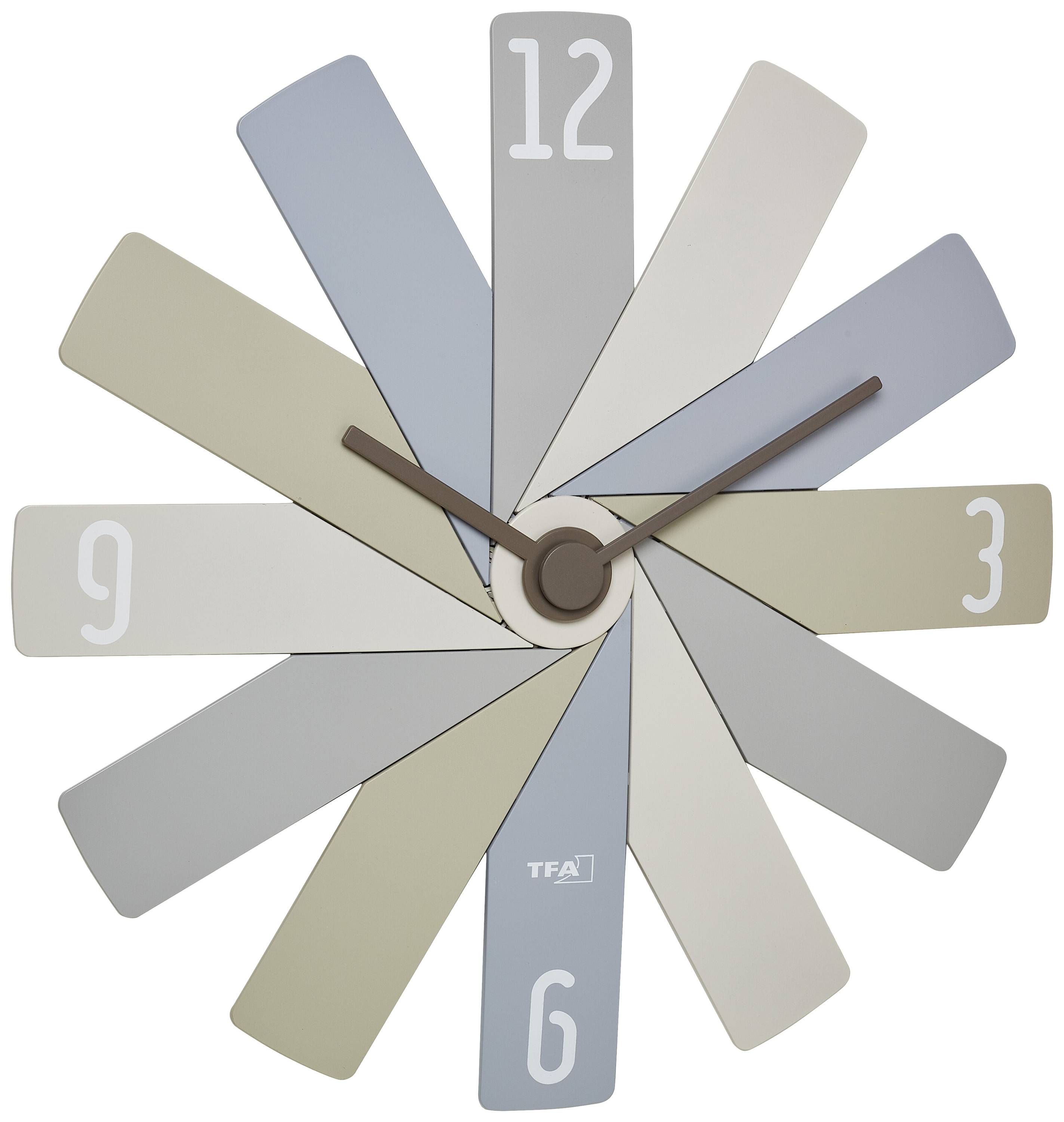 A contemporary wall clock with overlapping, rectangular segments in neutral colours displays the numbers 12, 3, 6 and 9. The hands are positioned at 10:10.