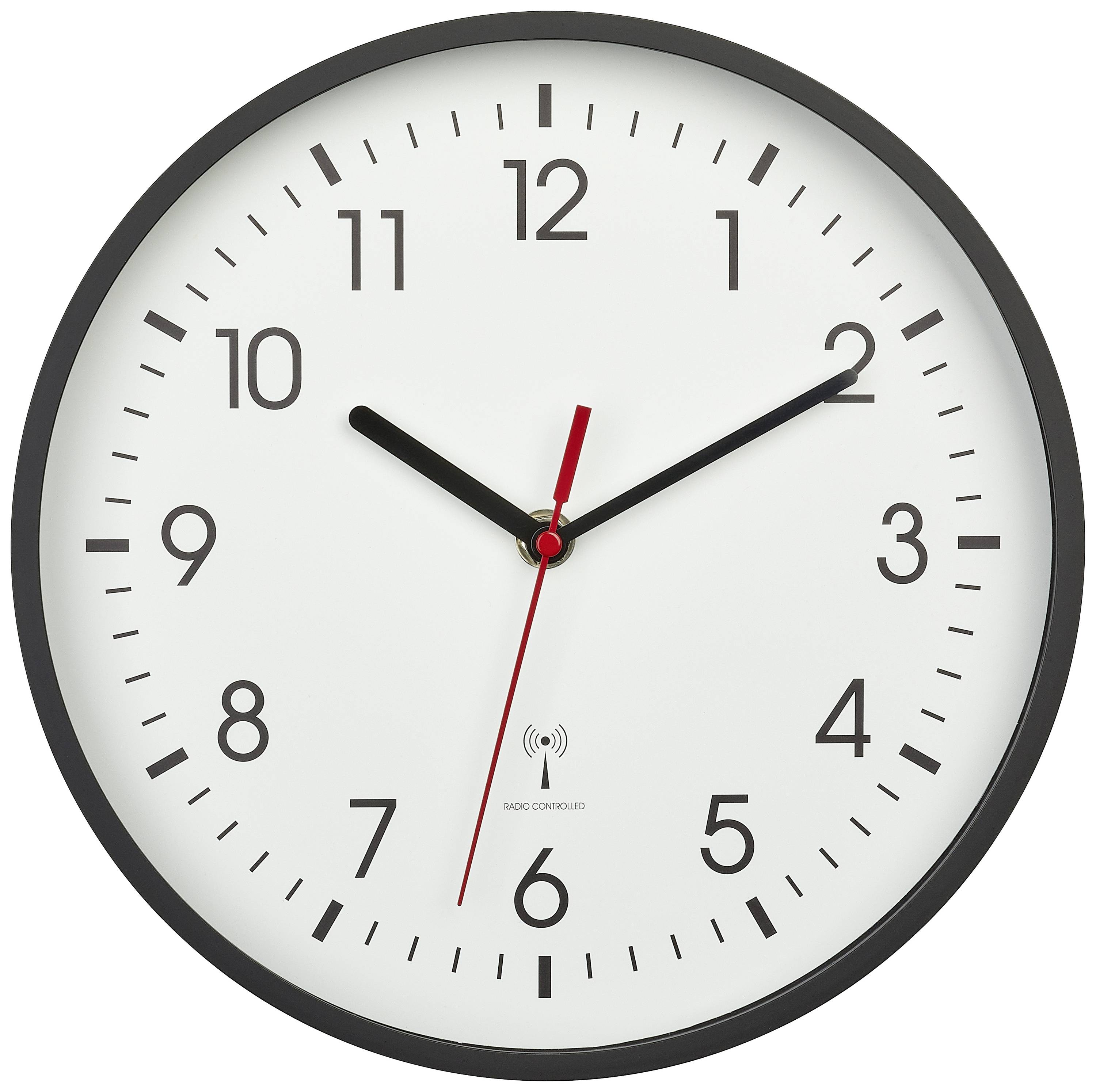 An analogue wall clock shows 10:09. Black hour and minute hands, red second hand, black frame, white numerals.
