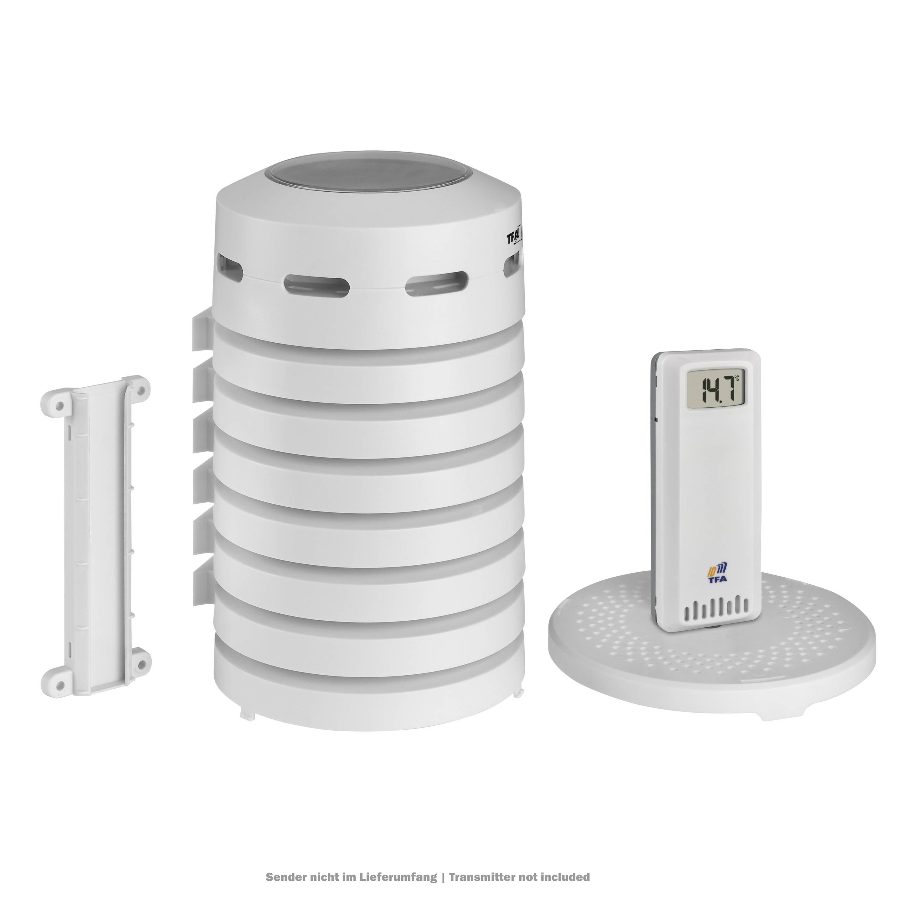 A white circular temperature sensor with a mounting bracket and digital display sits on a round stand. The display shows '4.7'.
