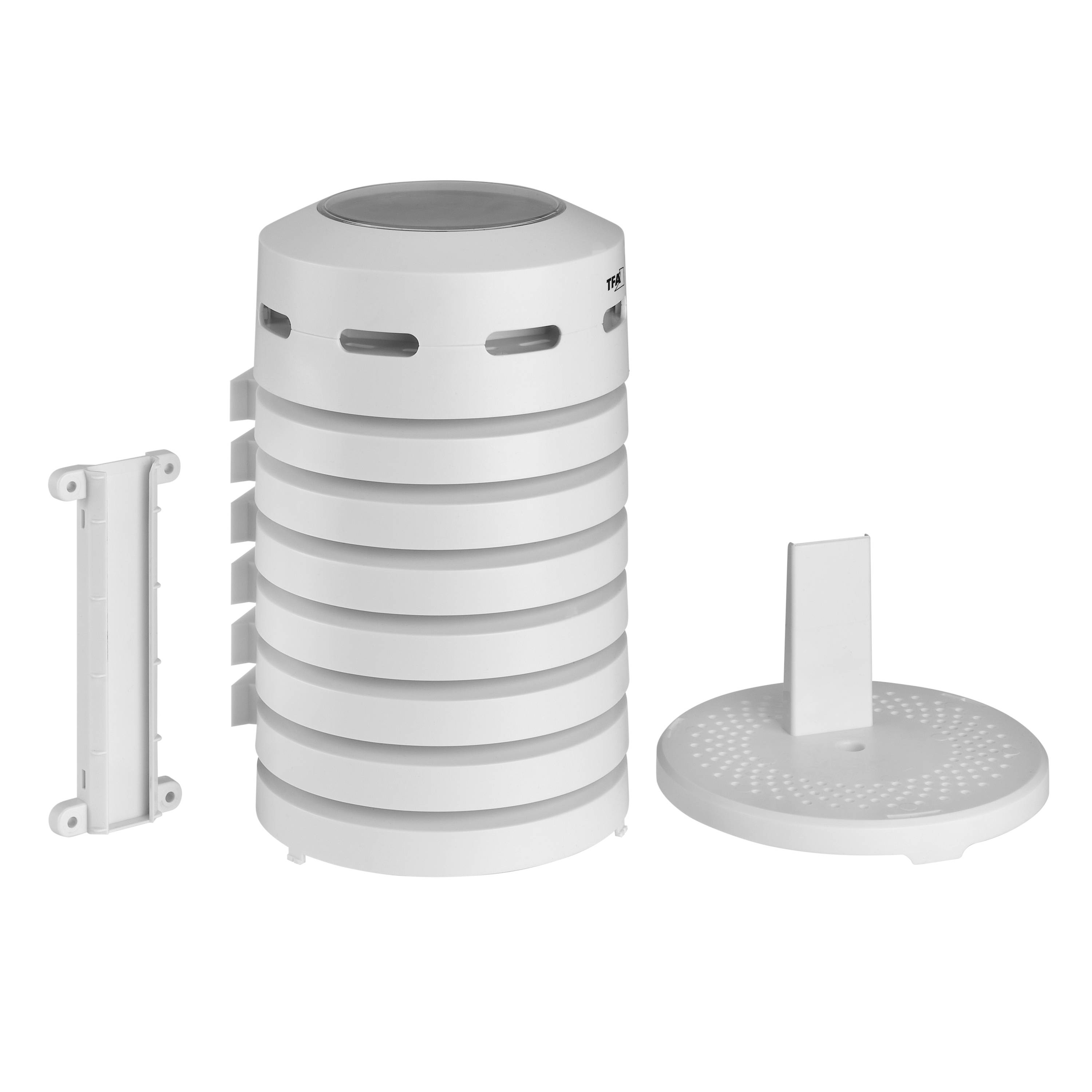 A white, round dehumidifier with removable parts and a mounting bracket. Suitable for reducing humidity in rooms.