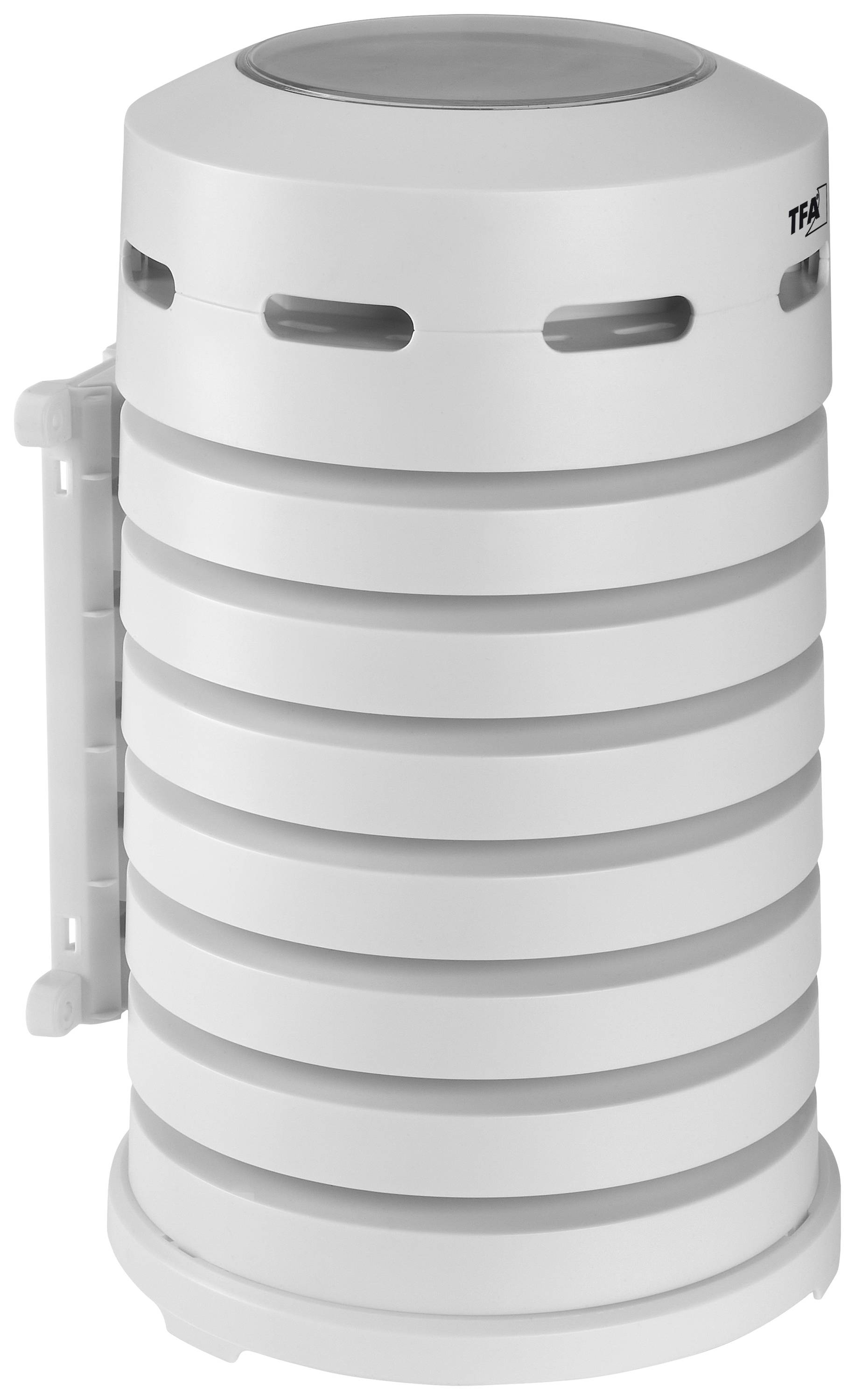A white, cylindrical external sensor with grooves for ventilation and a side-mounting mechanism, used for measuring meteorological data.