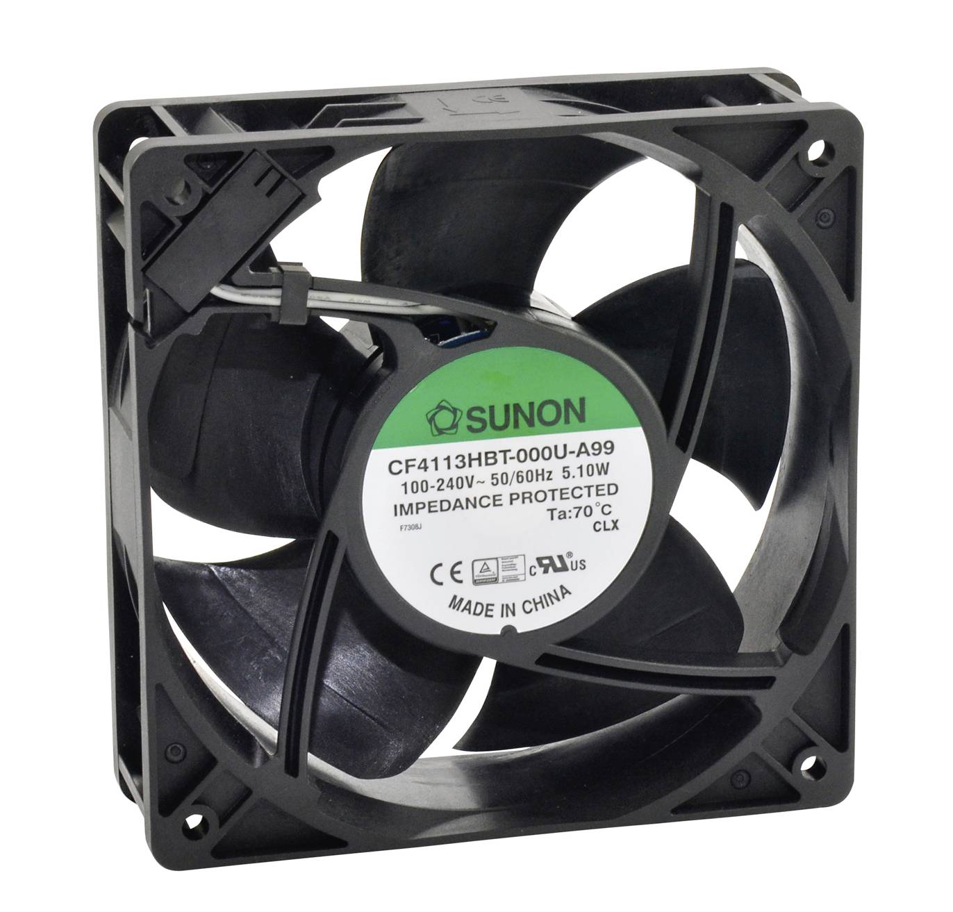 A black electronic fan with a sticker in the centre displaying technical specifications. Primarily used for cooling purposes.