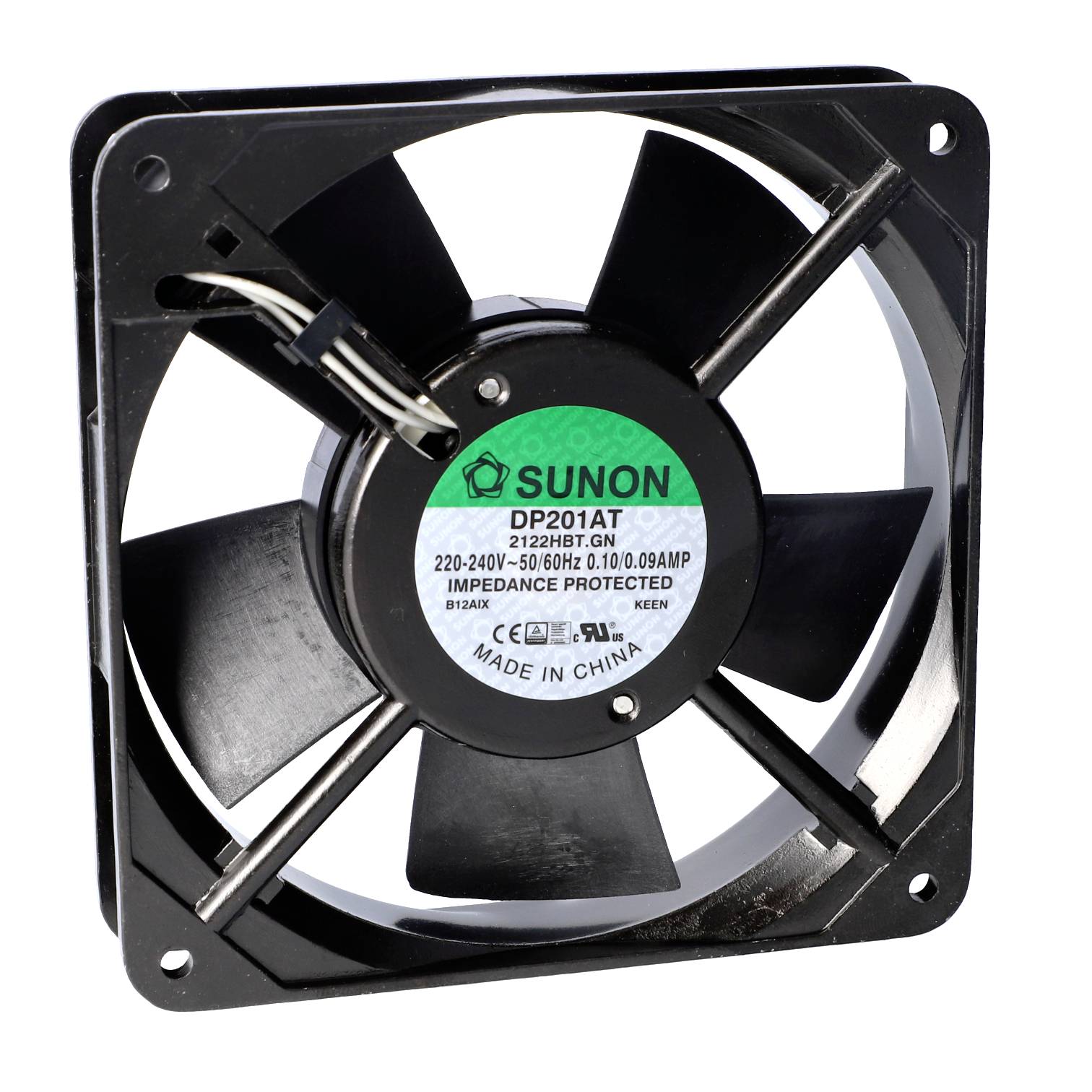 A black fan by Sunon, model DP201AT, with the details '220-240V~ 50/60Hz 0.10/0.09A' on the label.