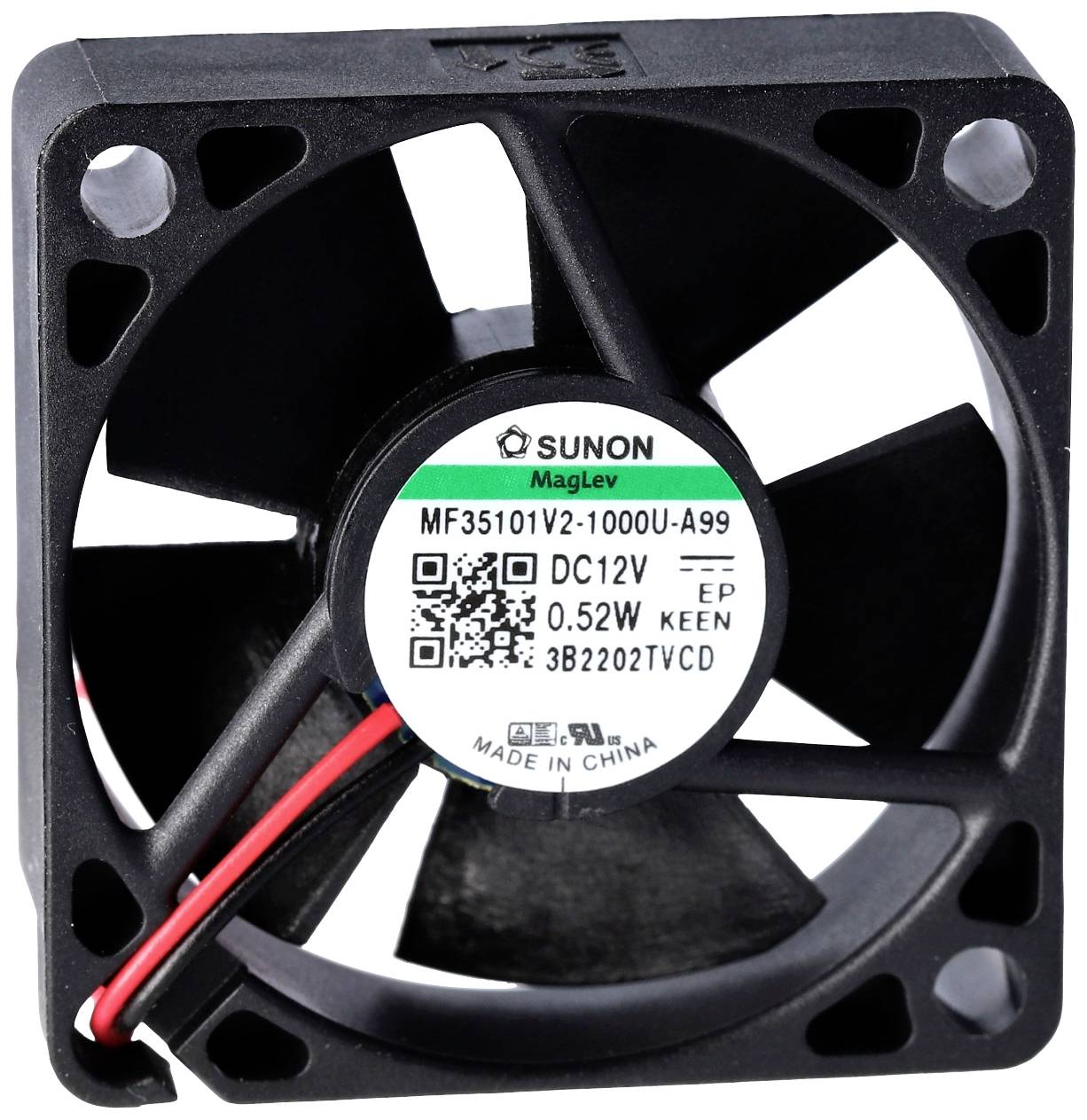 A small black fan with the inscription 'SUNON MagLev', model number MF35101V2-1000U-A99. Suitable for 12V DC.