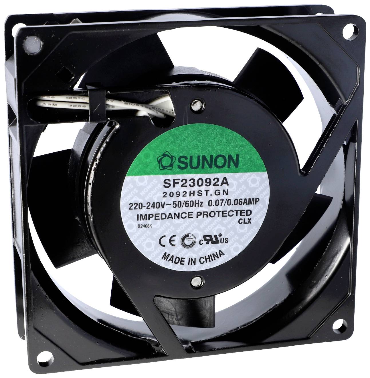 A square Sunon fan, model SF23092A, for 220-240V, 50/60Hz, 0.07/0.06A. Text on the fan reads 'IMPEDANCE PROTECTED'.