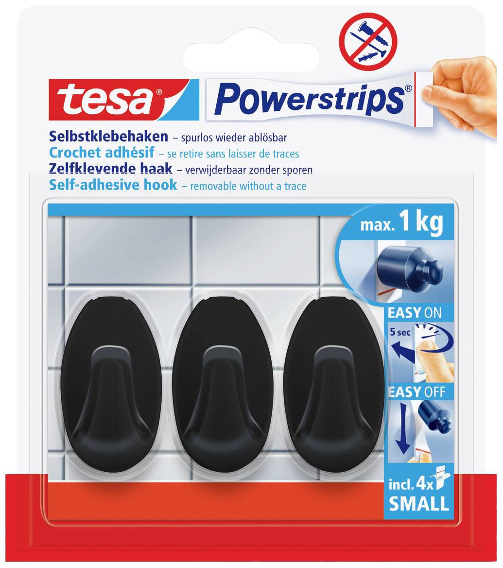 Packaging of tesa Powerstrips with three self-adhesive hooks. Maximum load 1 kg. Easy to attach and remove.