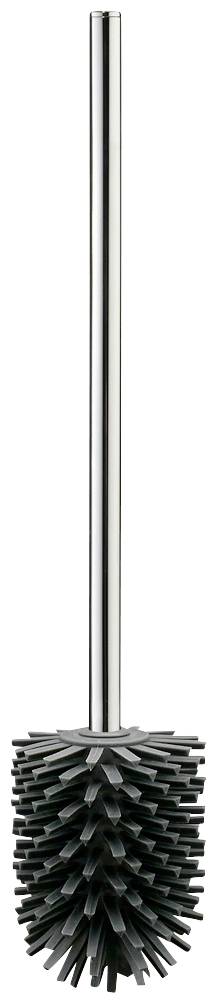 Toilet brush with a long metal handle and a black plastic brush head.