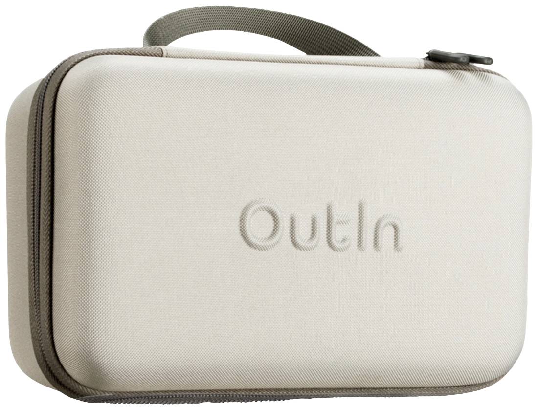 Beige travel bag with zip and carry handle, embossed with the word 'Outin'.