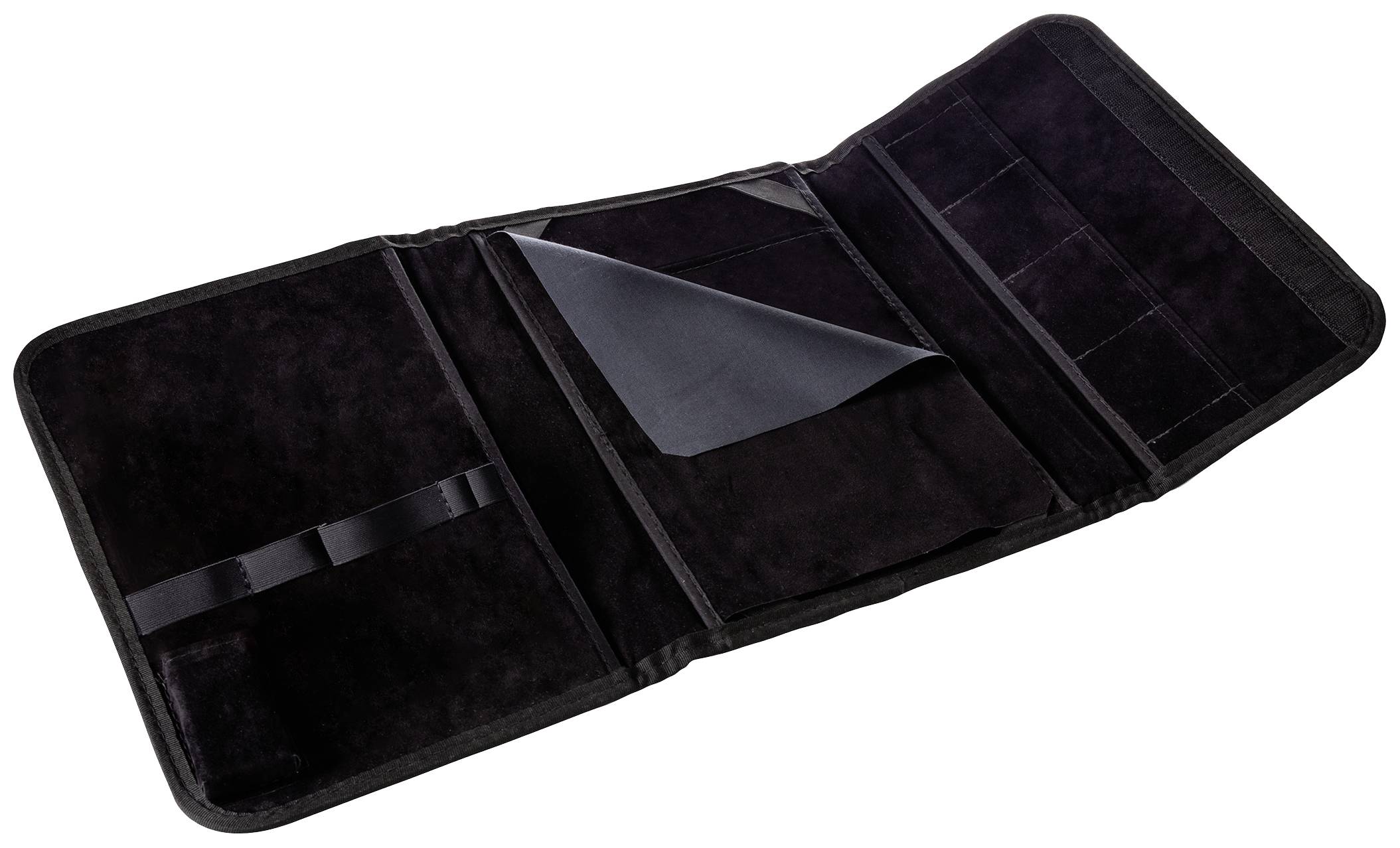 Opened black tote bag with multiple compartments and elastic straps for organising items, against a black background.
